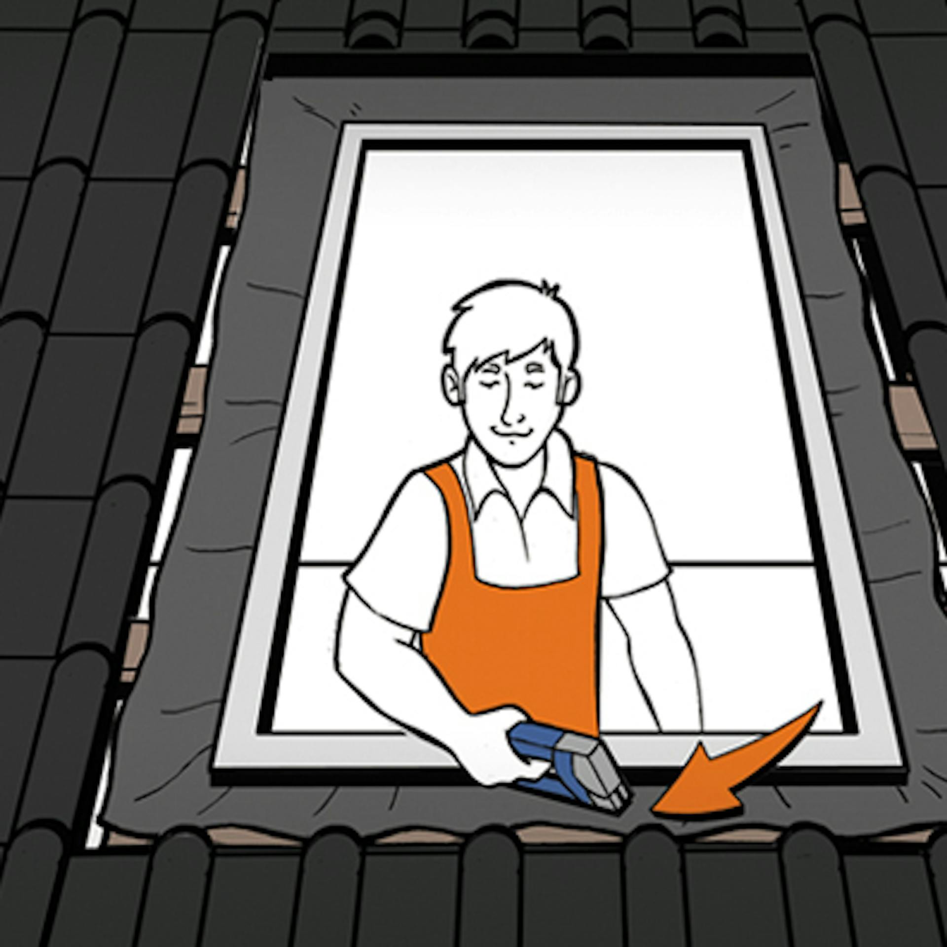 Heimwerker befestigt Unterdach des Dachfensters mit Tacker.