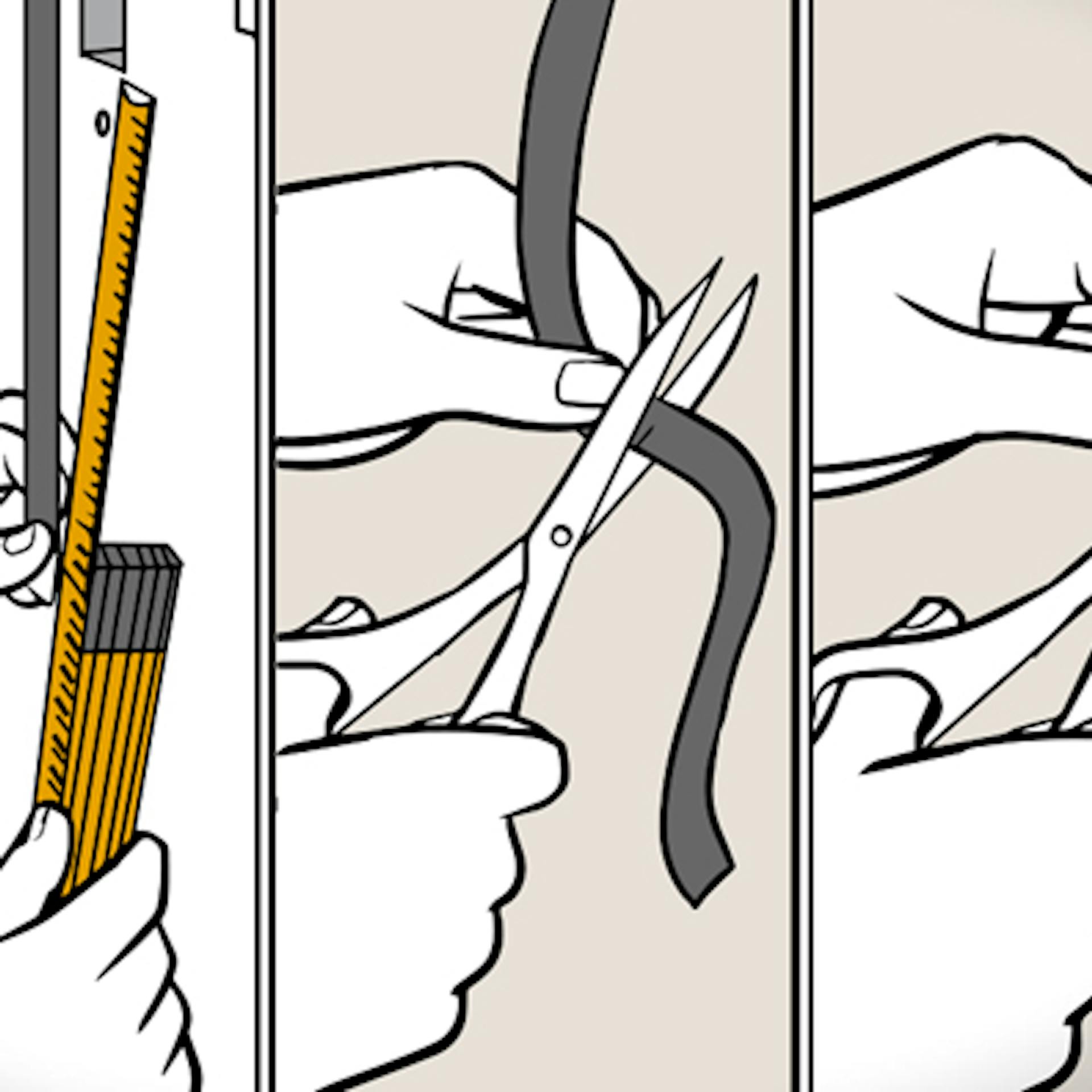 Handwerker schneidet Rollladengurt mit einer Schere zu.