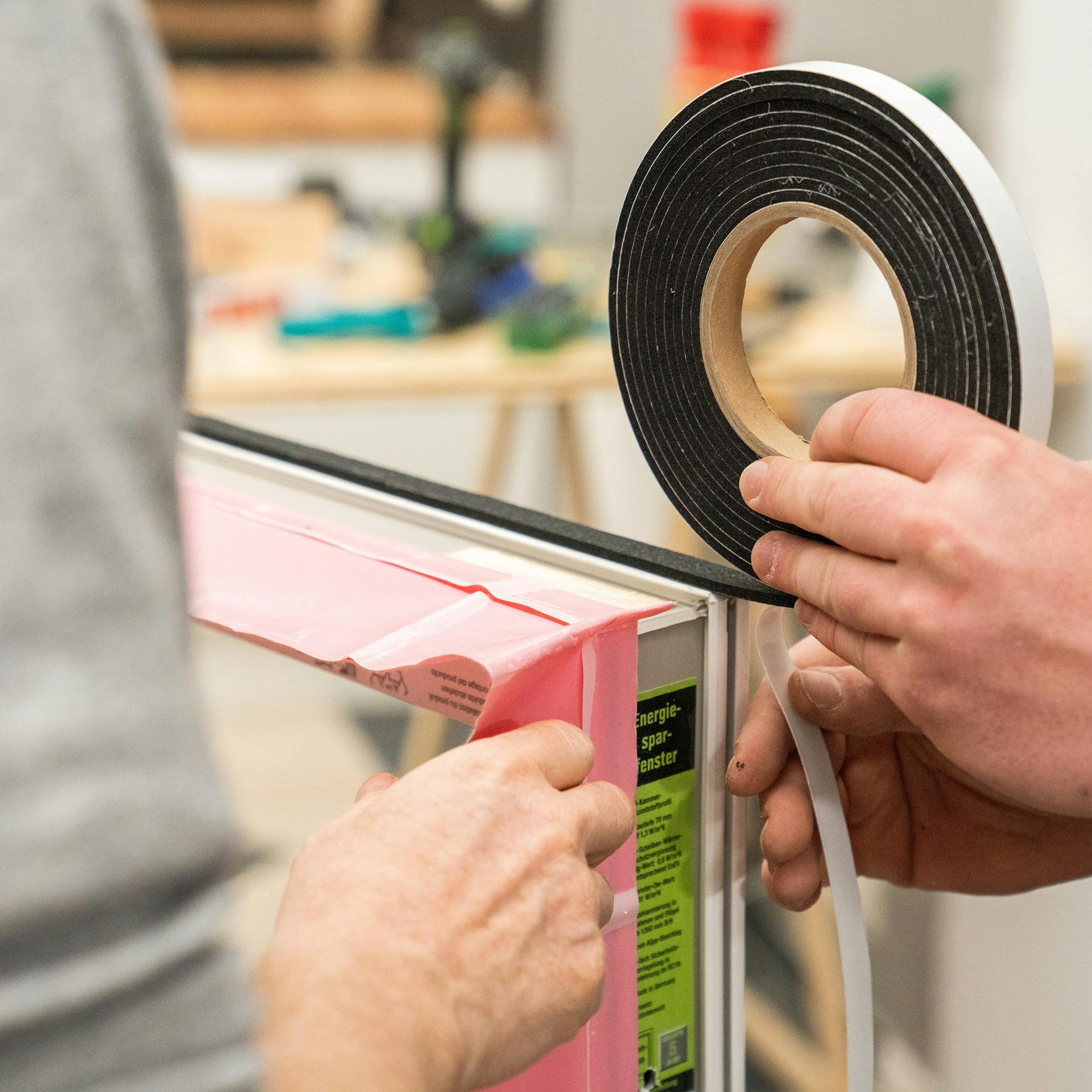 Handwerker klebt Dekompressionsdichtband auf die Außenseite des Fensterrahmens.