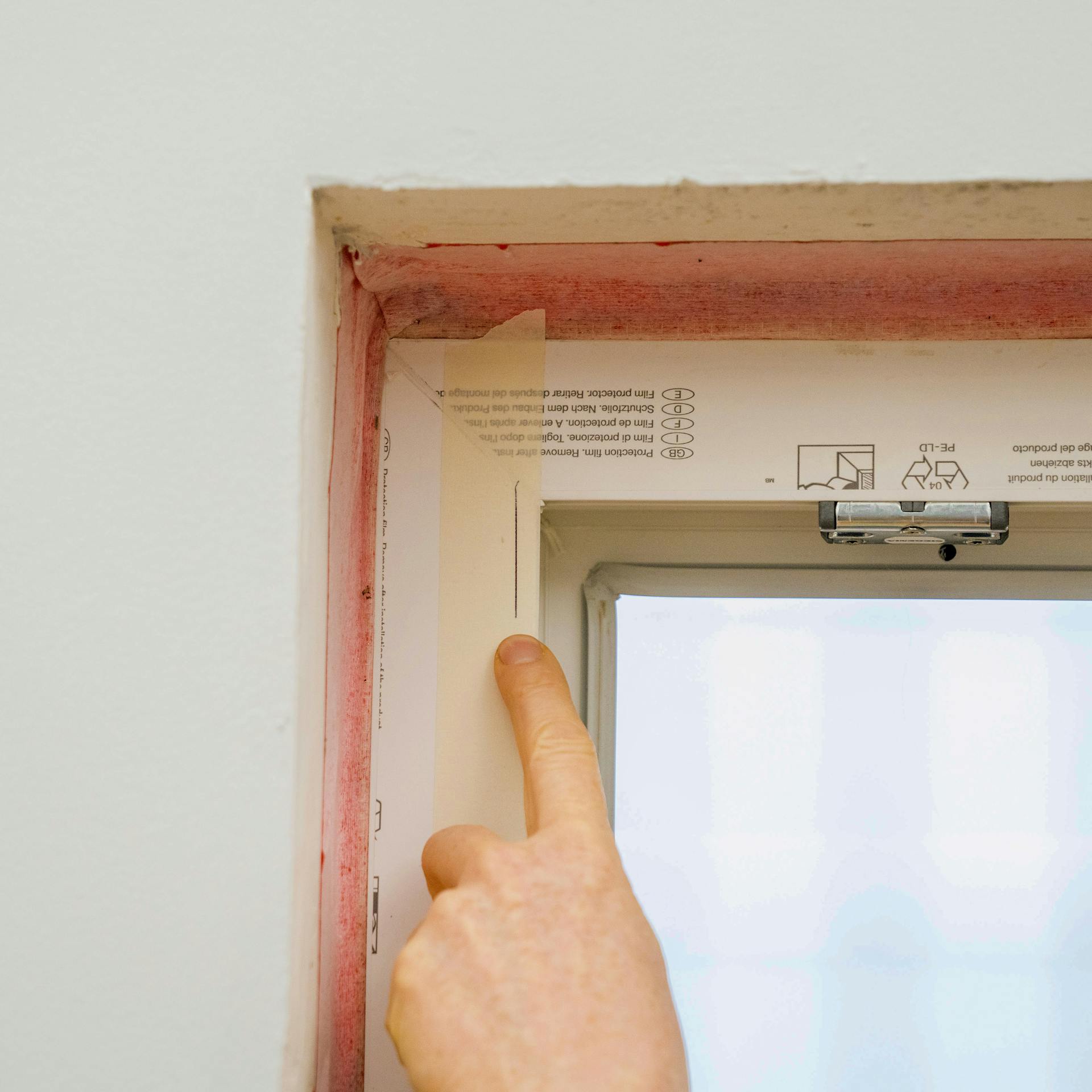 Jemand zeigt auf die Position des Fensters auf dem Fensterrahmen.