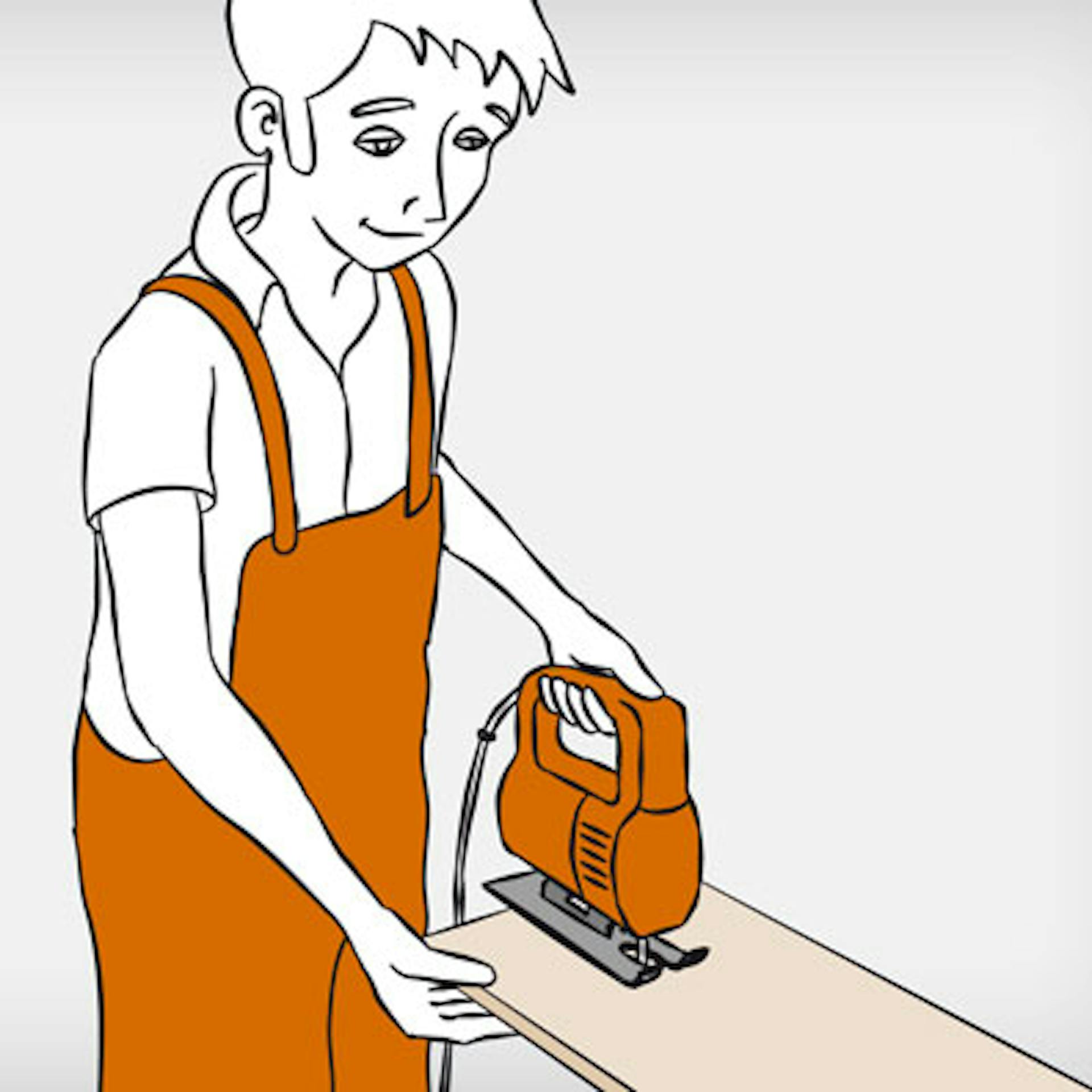 Heimwerker sägt Fensterbank mit Stichsäge zu.