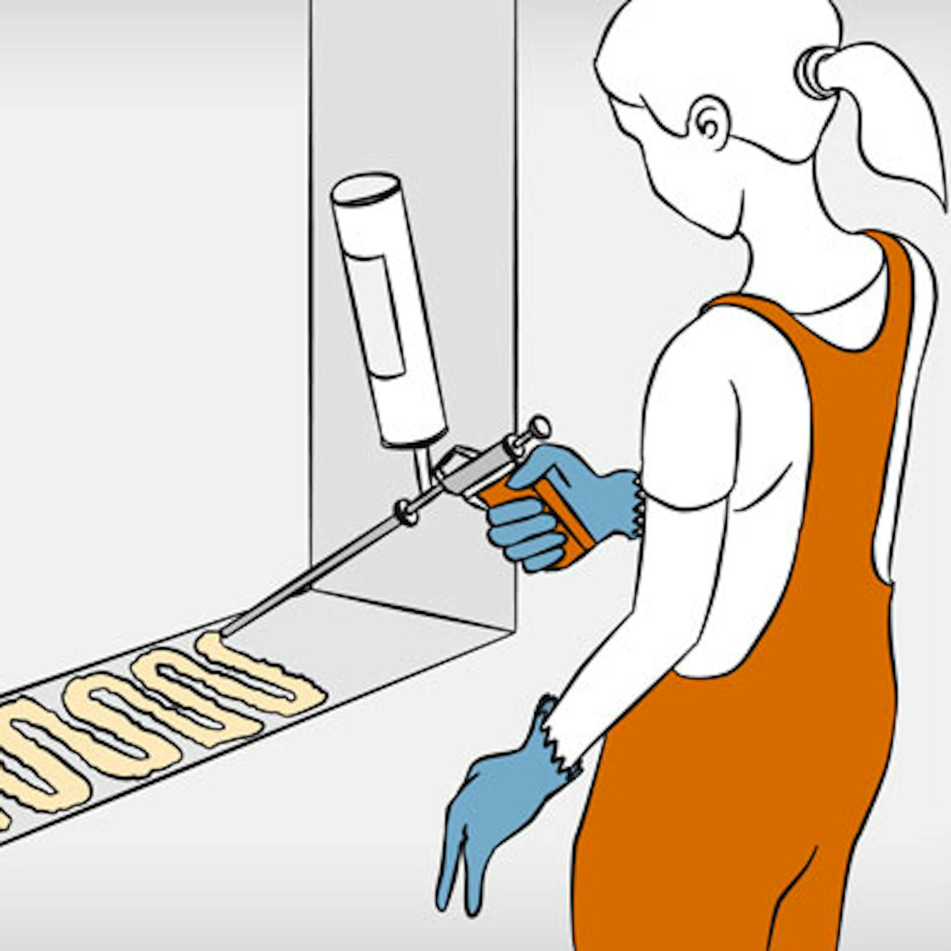 Heimwerkerin sprüht Montageschaum (PU-Schaum) auf Fenstersims für den Einbau der Fensterbank.