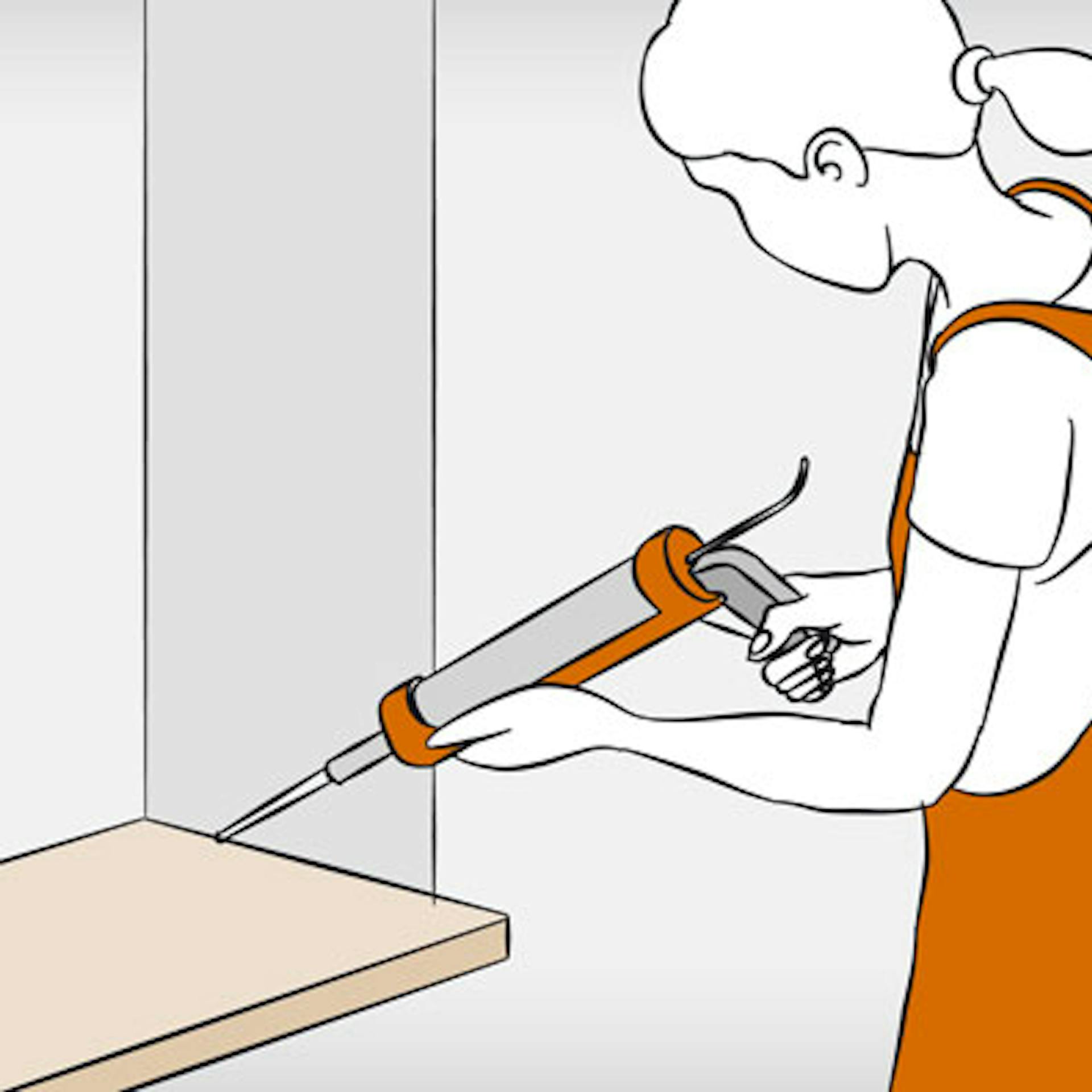 Heimwerkerin spritzt Silikon oder Acryl mit Auspresspistole in Fugen bei der Fensterbank.