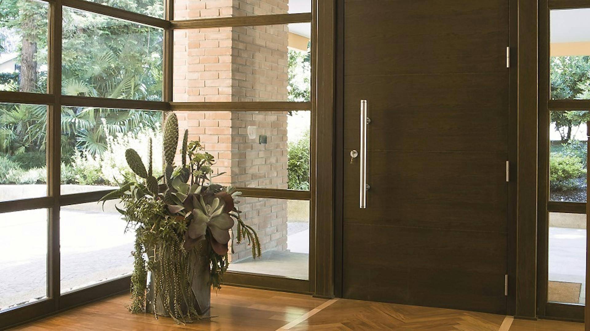 Haustür aus dunklem Holz einbauen im Eingangsbereich wie hier mit einer Zimmerpflanze.