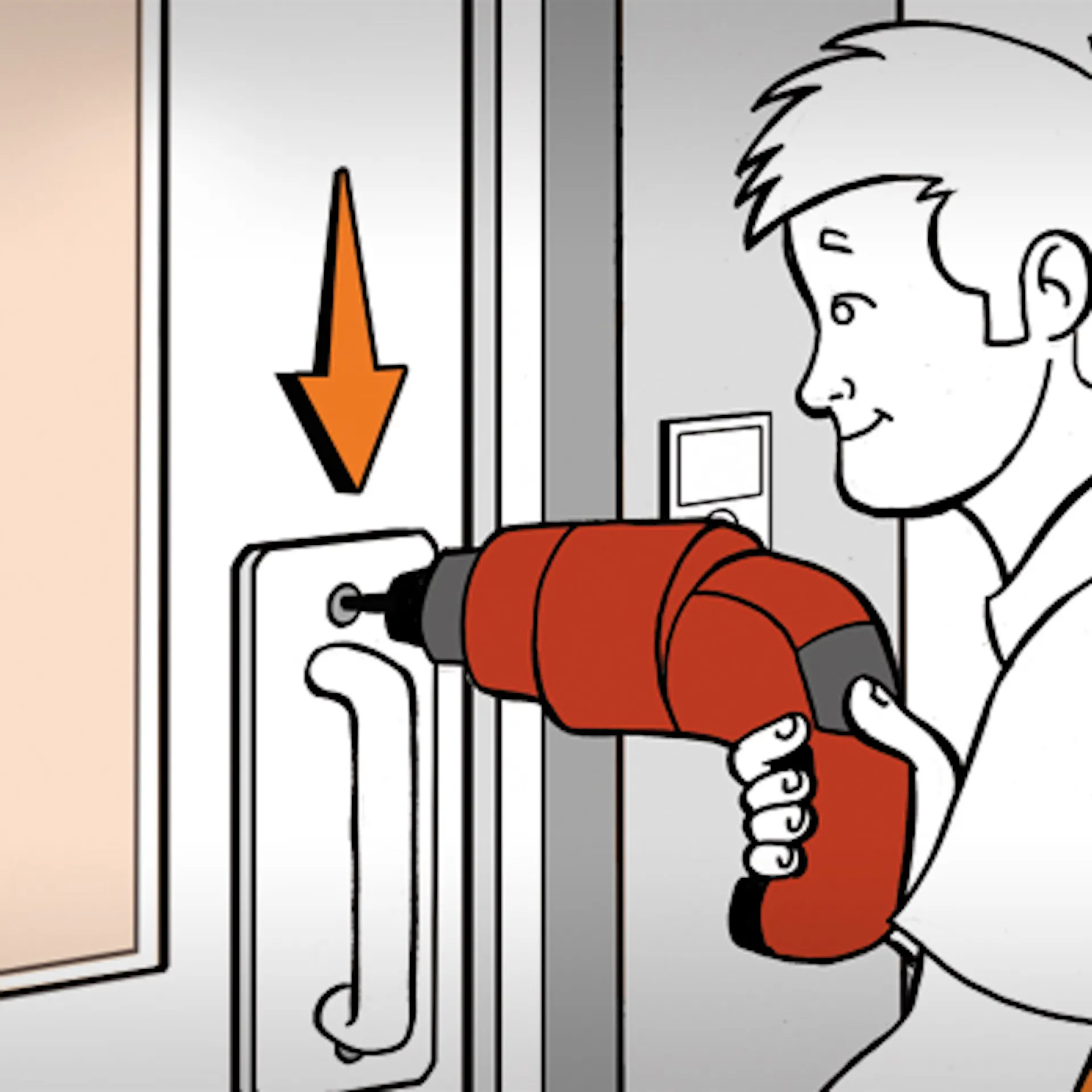 Kutil připevňuje kování na nové vchodové dveře pomocí akumulátorové vrtačky.