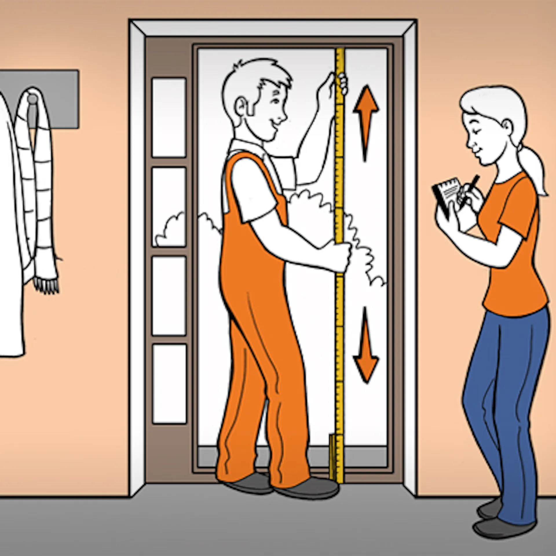 Kutil vyměří otvor ve stěně a otvor pro nové vchodové dveře pomocí skládacího pravítka - kutil si poznamená vyměření otvoru ve stěně.