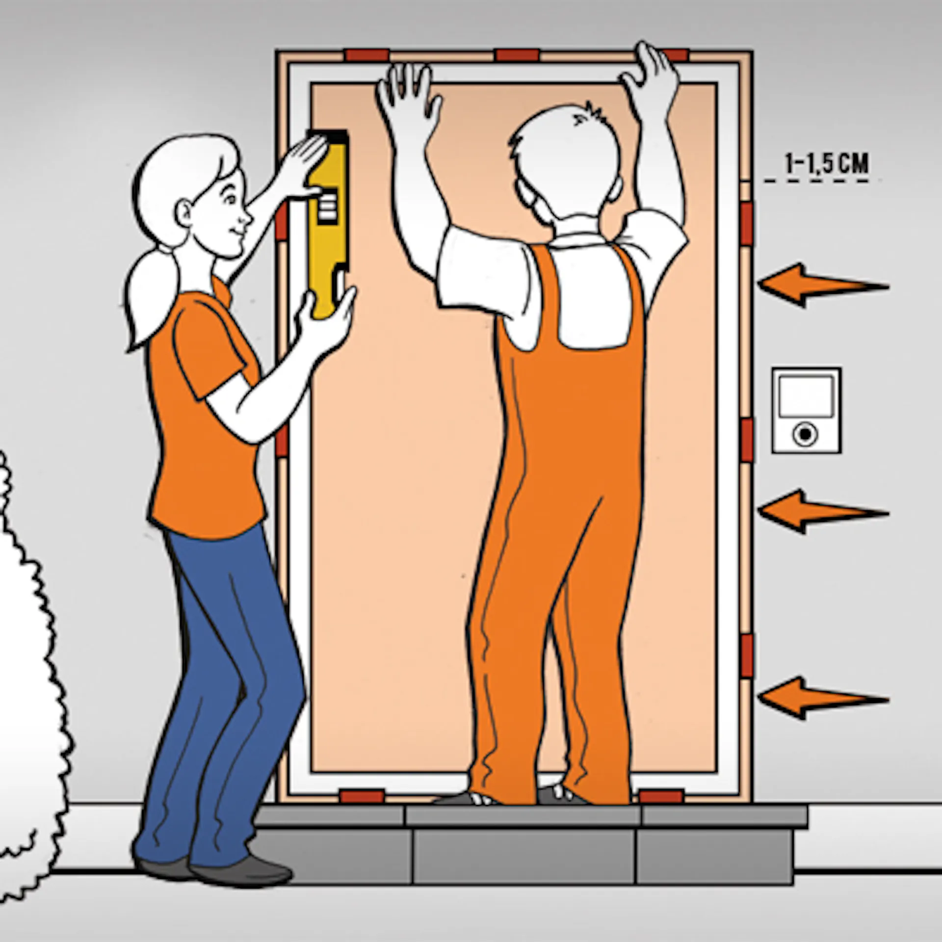 Kutilové montují nový rám vchodových dveří - Kutilové kontrolují správné vyrovnání pomocí vodováhy.