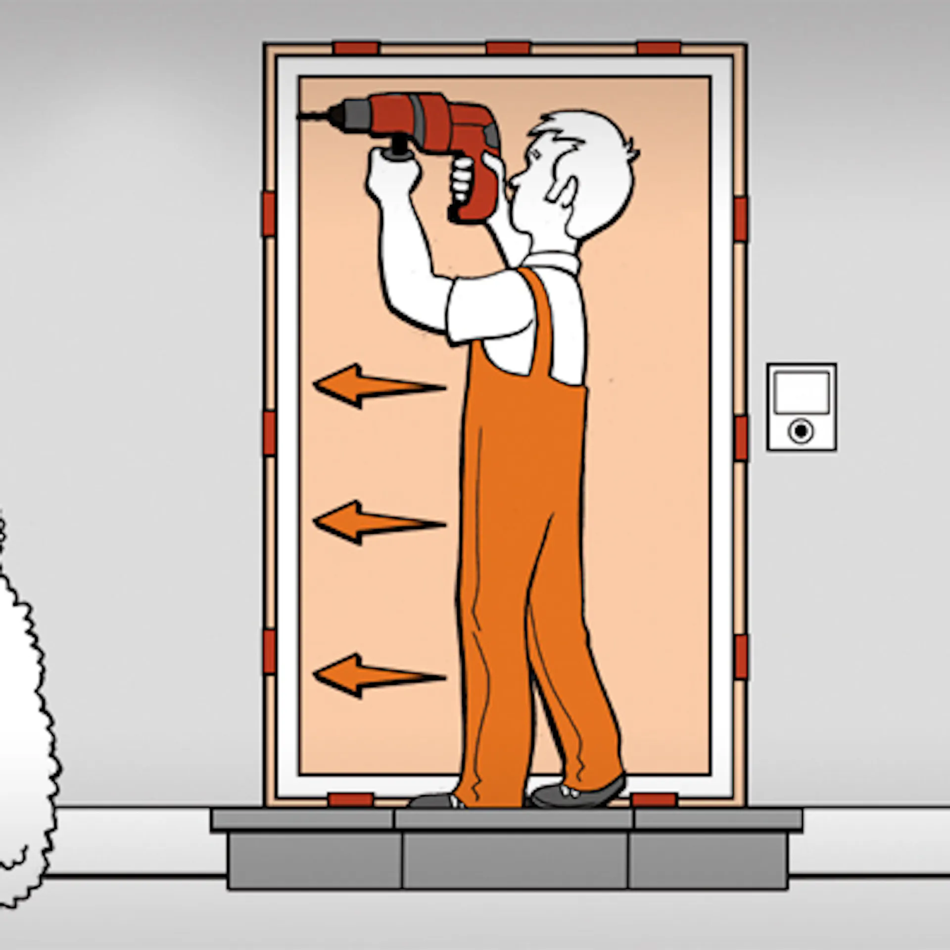 Domácí kutil přišroubuje rám nových vchodových dveří pomocí akumulátorové vrtačky.