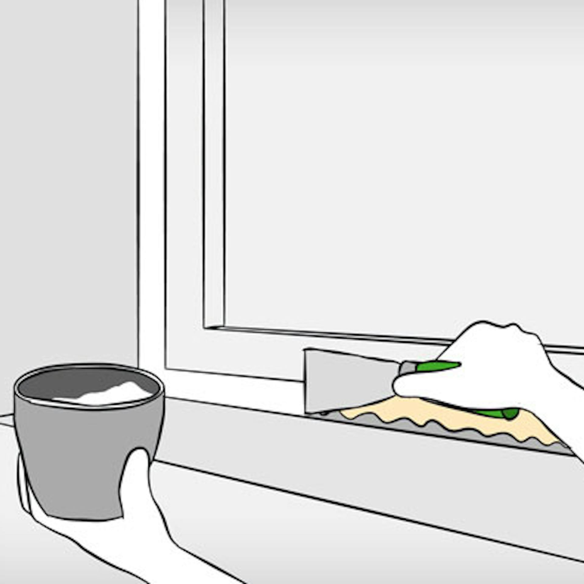 Fensterfuge wird mit Spachtelmasse abgedeckt.