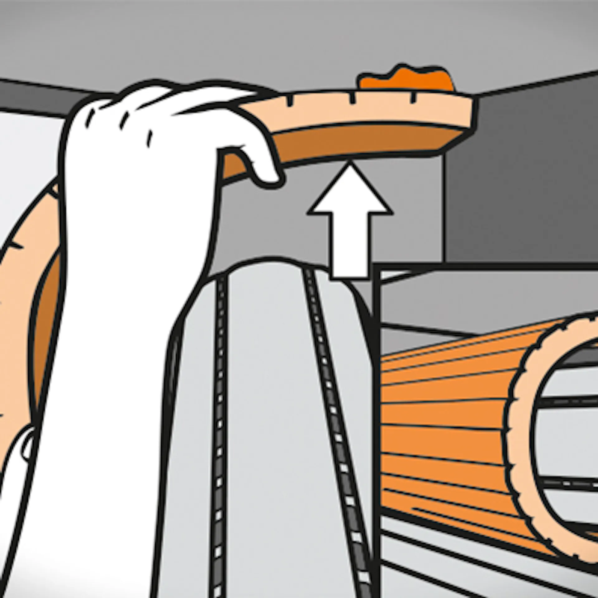 Die Grafik zeigt, wie eine Person Dämmplatten im Rollladenkasten mit PU-Schaum verklebt.