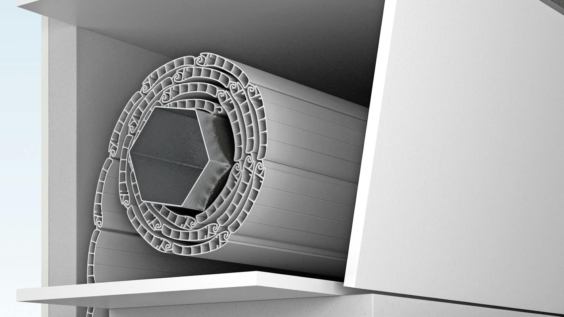 Geöffneter Rollladenkasten mit aufgewickelter Rolllade.