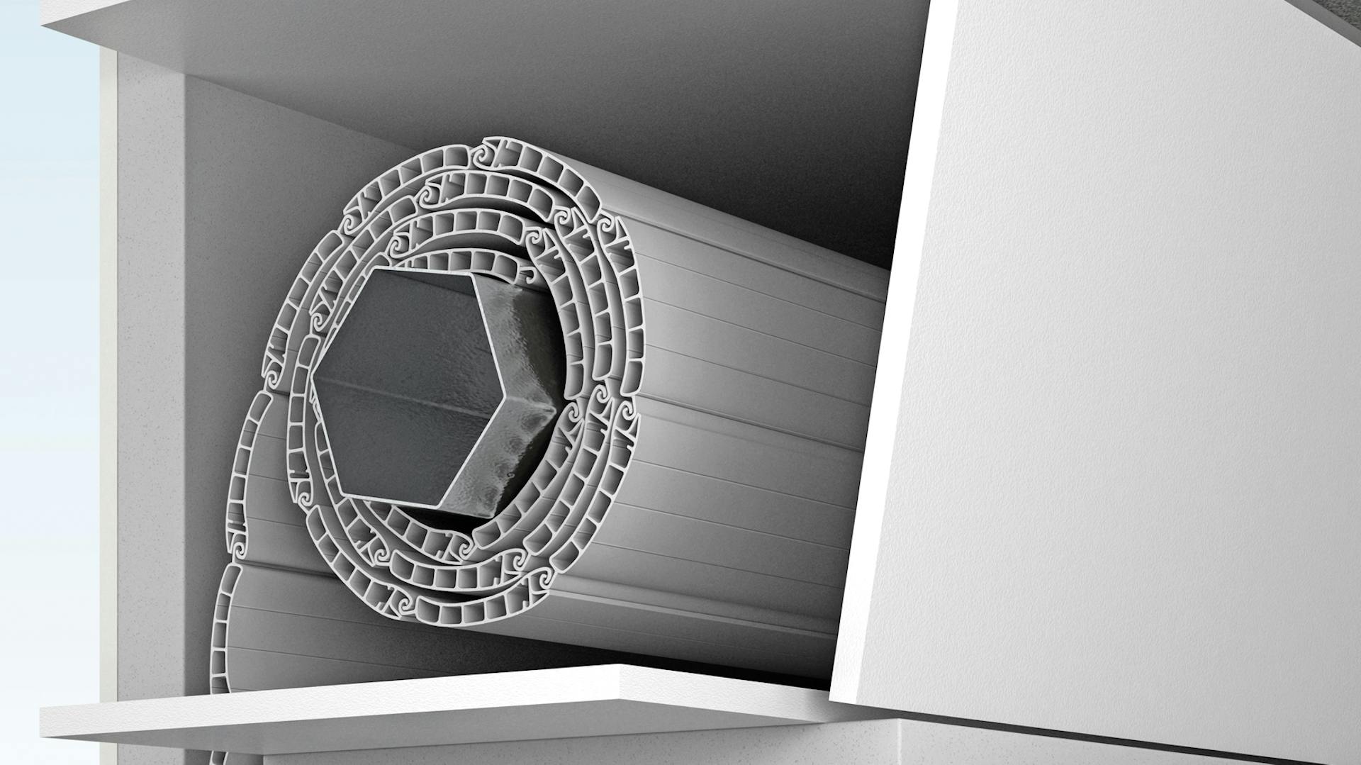 Geöffneter Rollladenkasten mit aufgewickelter Rolllade.