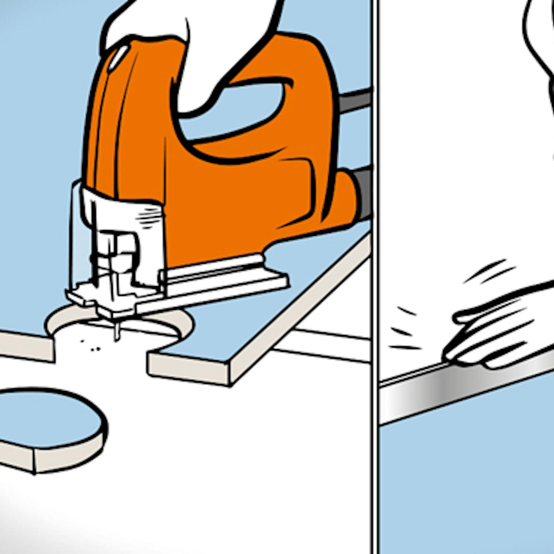 Heimwerker sägt Ausschnitte für Rollen und Griffstücke bei der Schiebetür-Platte aus und bringt Schiene an.