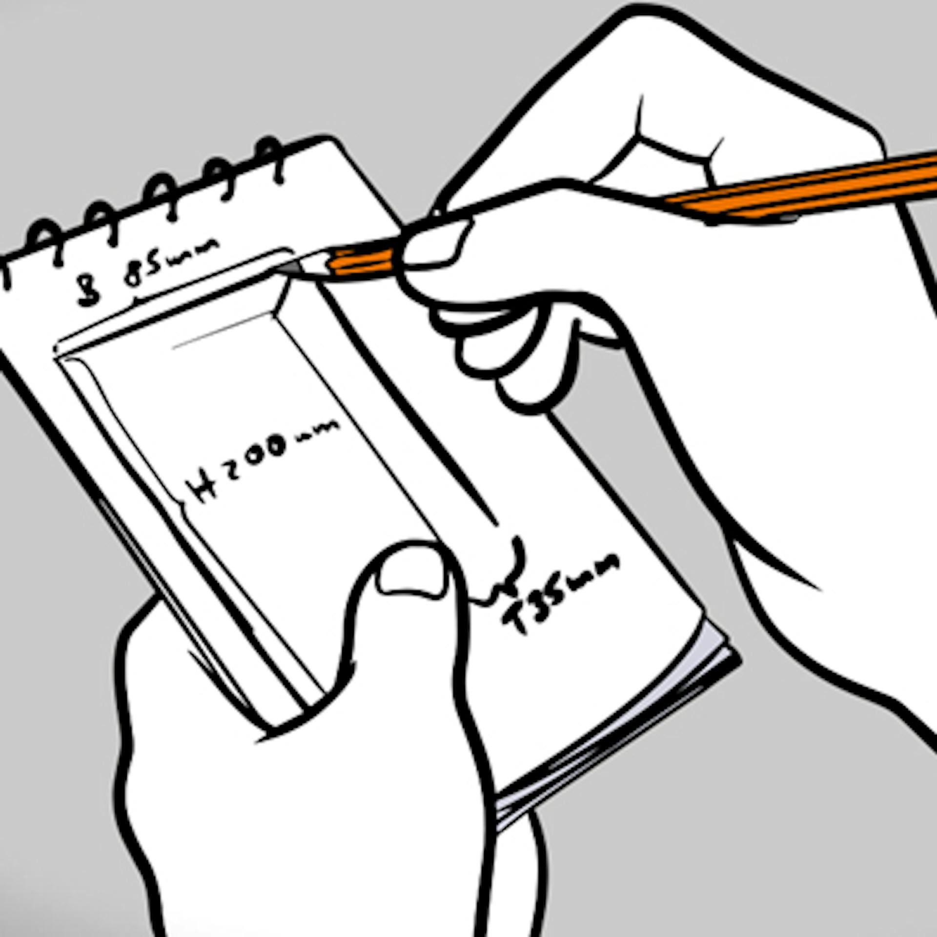 Handwerker notiert auf einem Zettel die Maße der neuen Schiebetür.