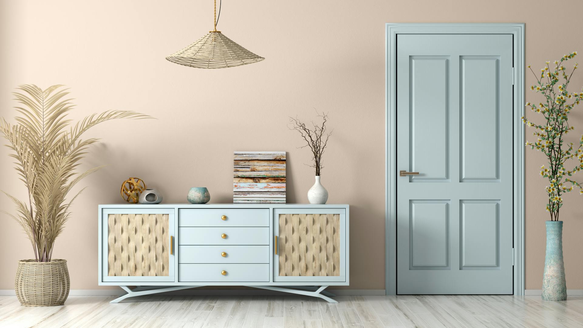 Porta azzurra nel soggiorno accanto a una cassettiera azzurra