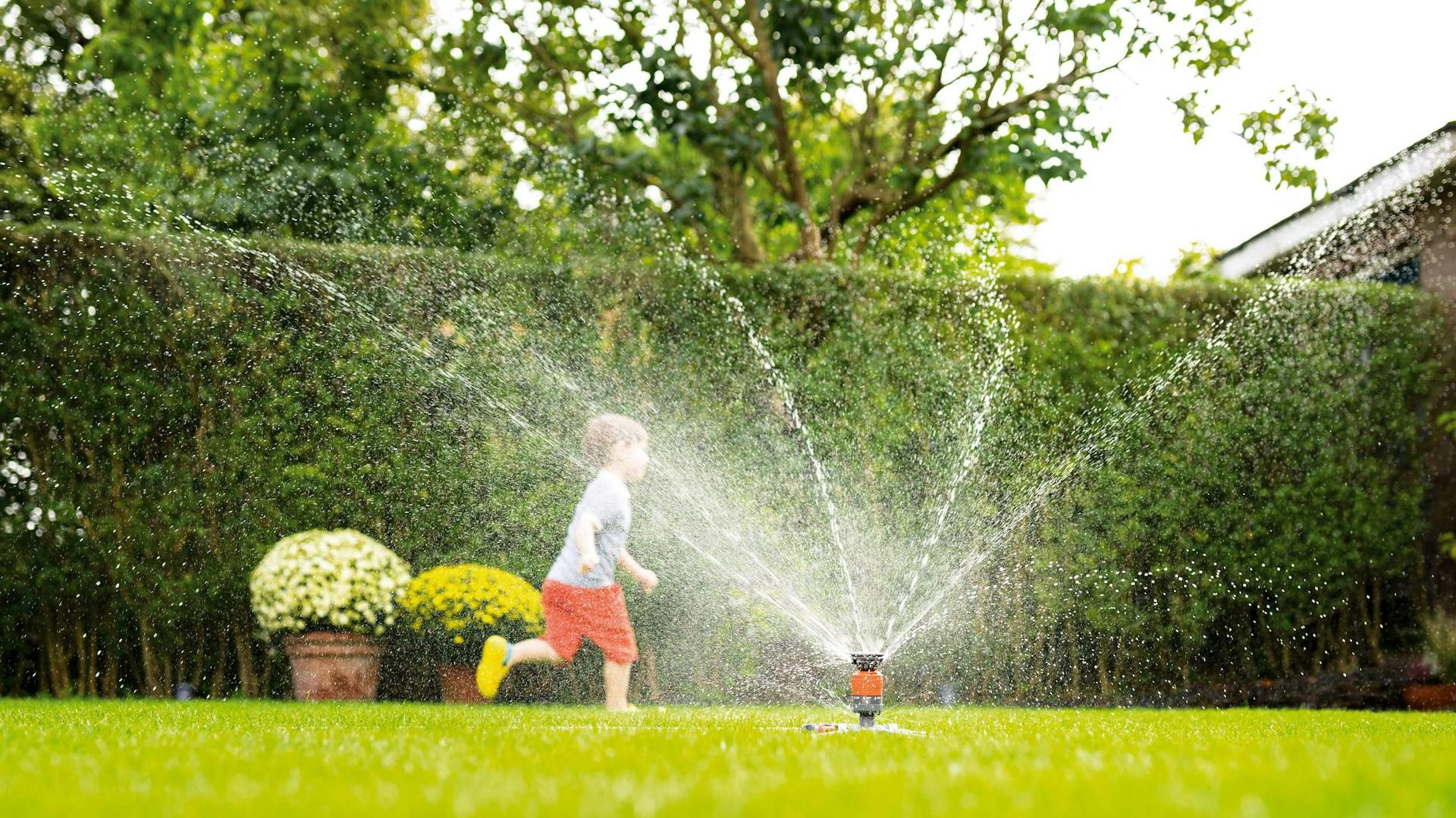 Rasensprenger mit Kind im Hintergrund