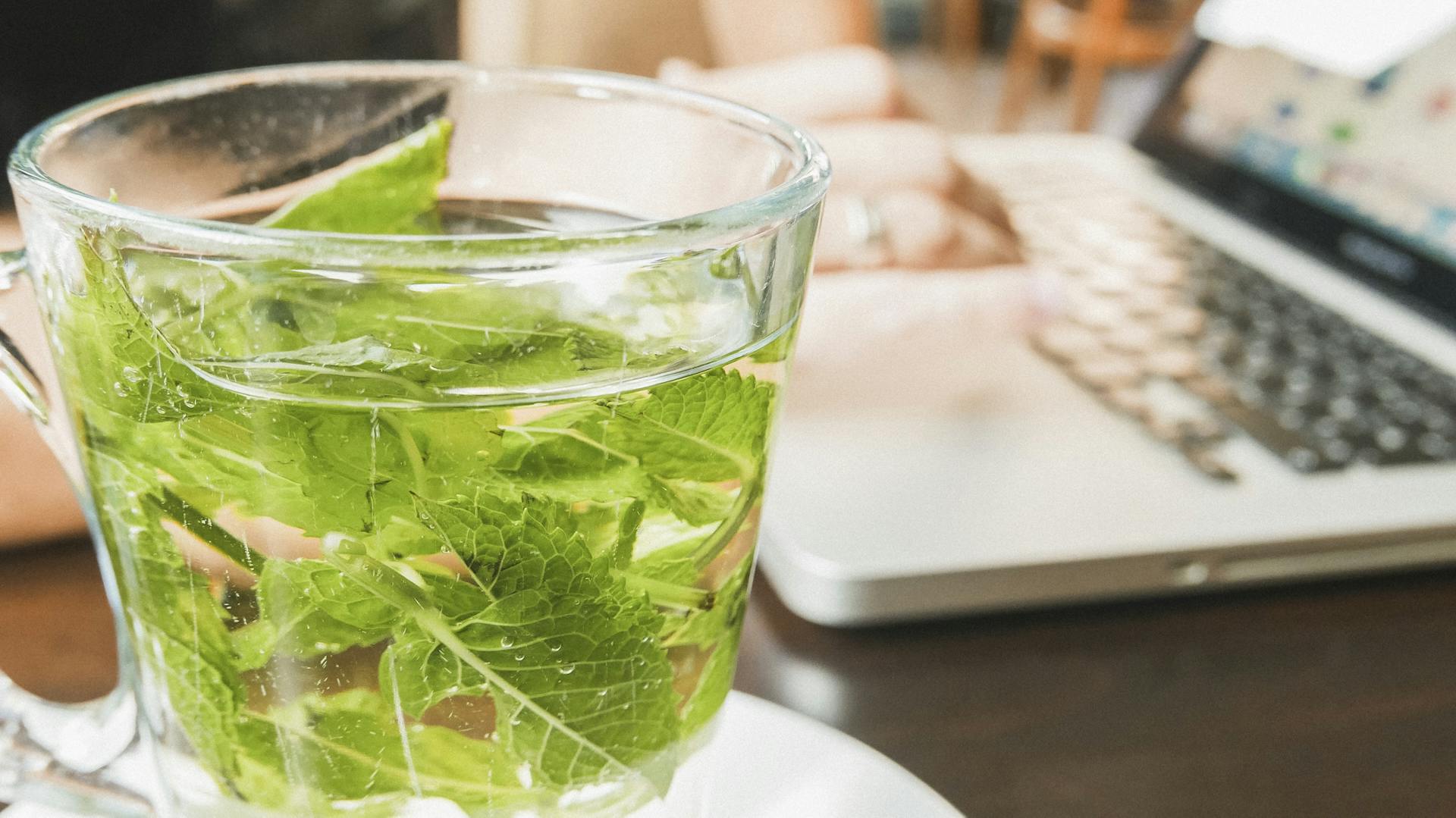 Ein Glas Tee mit frischer Minze steht vor einem Notebook