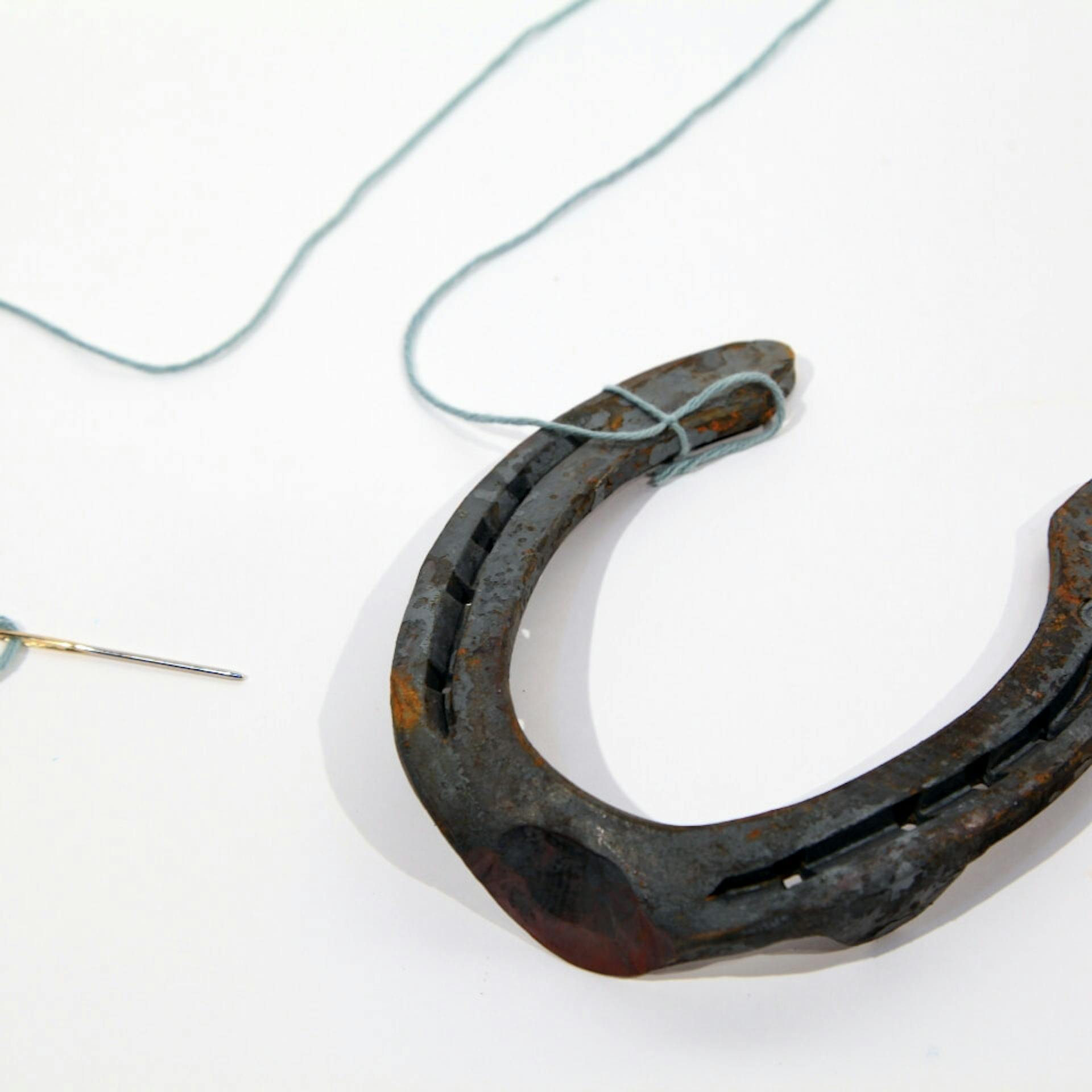 Nadel und ein Faden, der an einem Hufeisen verknotet ist.