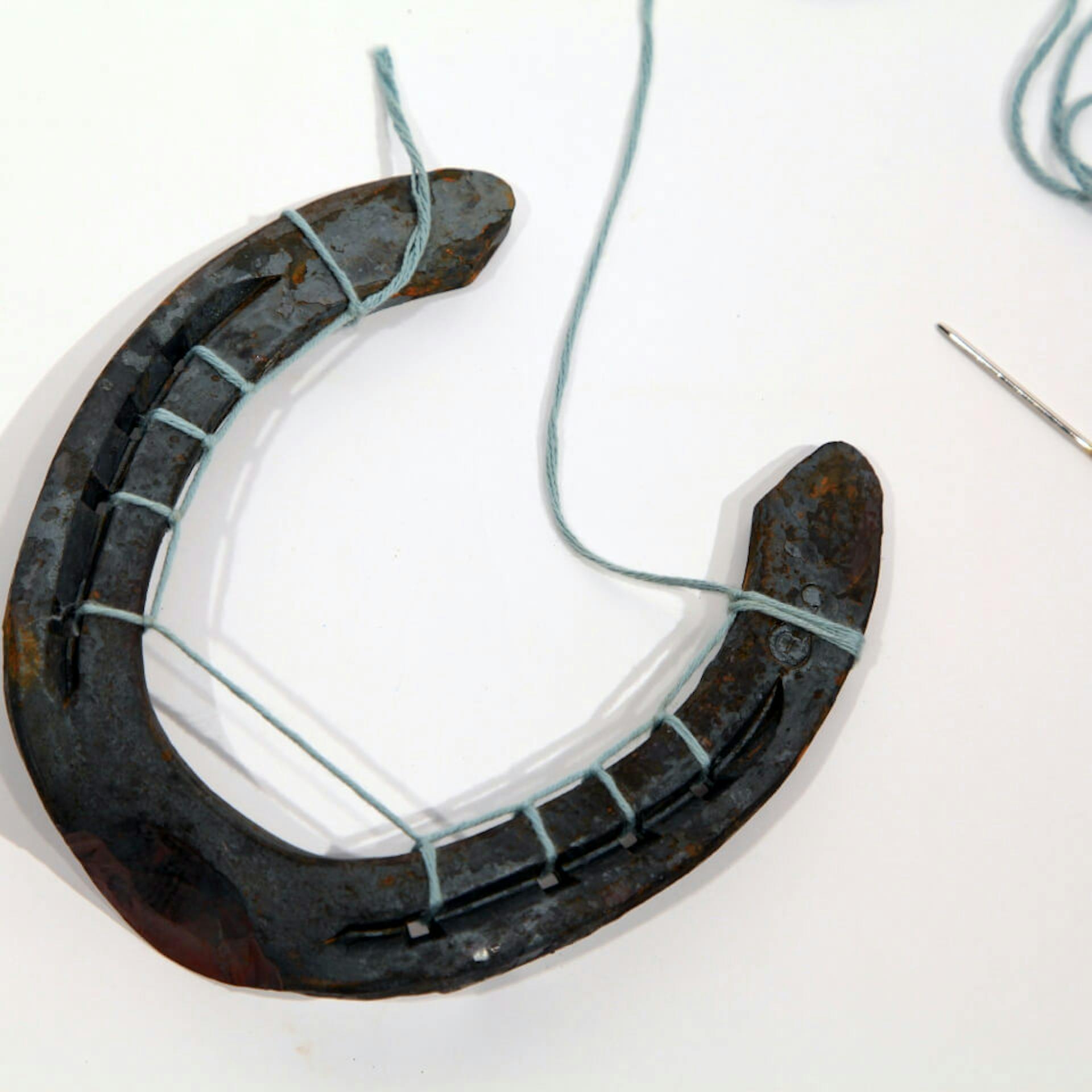 Nadel und ein Faden, der durch ein Hufeisen gefädelt wurde.