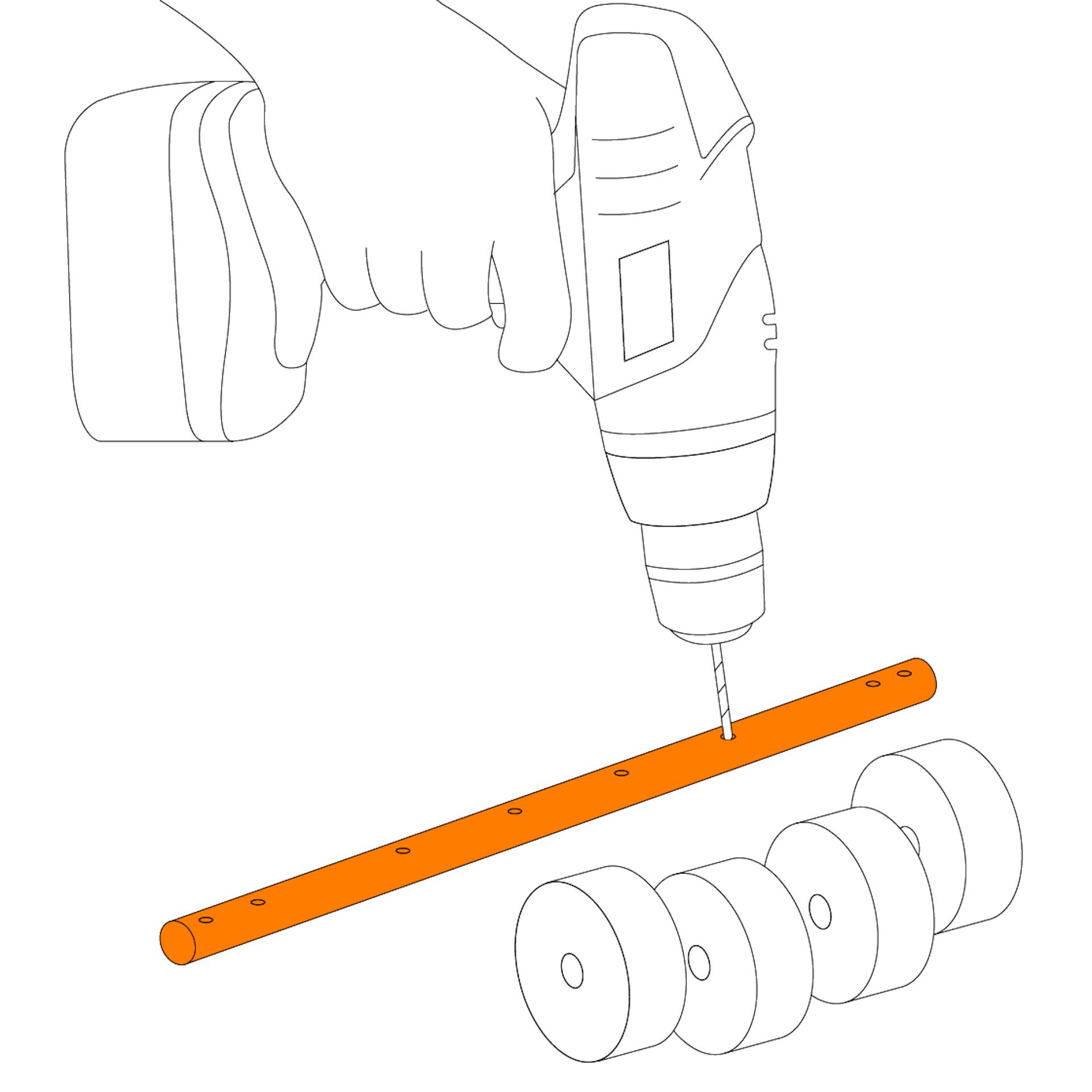 Illustration zeigt, wie Löcher in eine Metallachse gebohrt werden