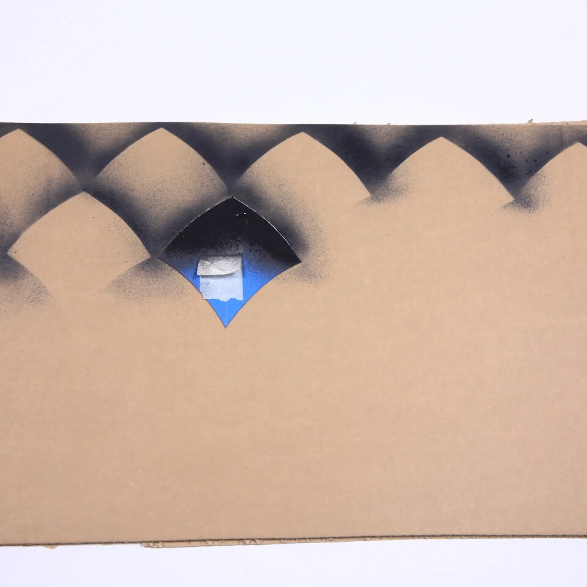 Es ist ein Stück Pappe zu sehen, welches fast bis zur Hälfte mit einem dunklen Schuppenmuster bedeckt ist. Auf der Pappe liegt ein blaues Stück Papier in Schuppenform.