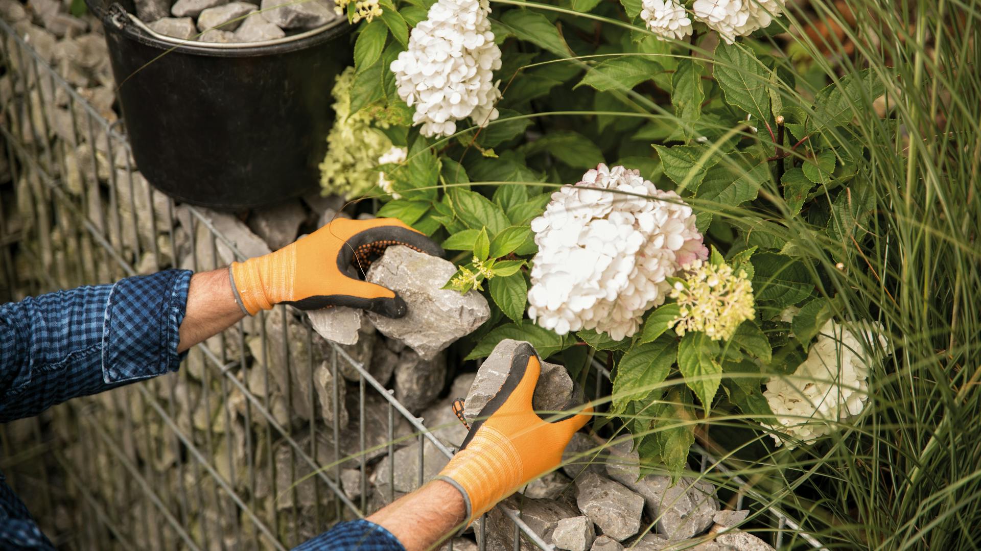 Gabione mit großen Steinen per Hand befuellen.