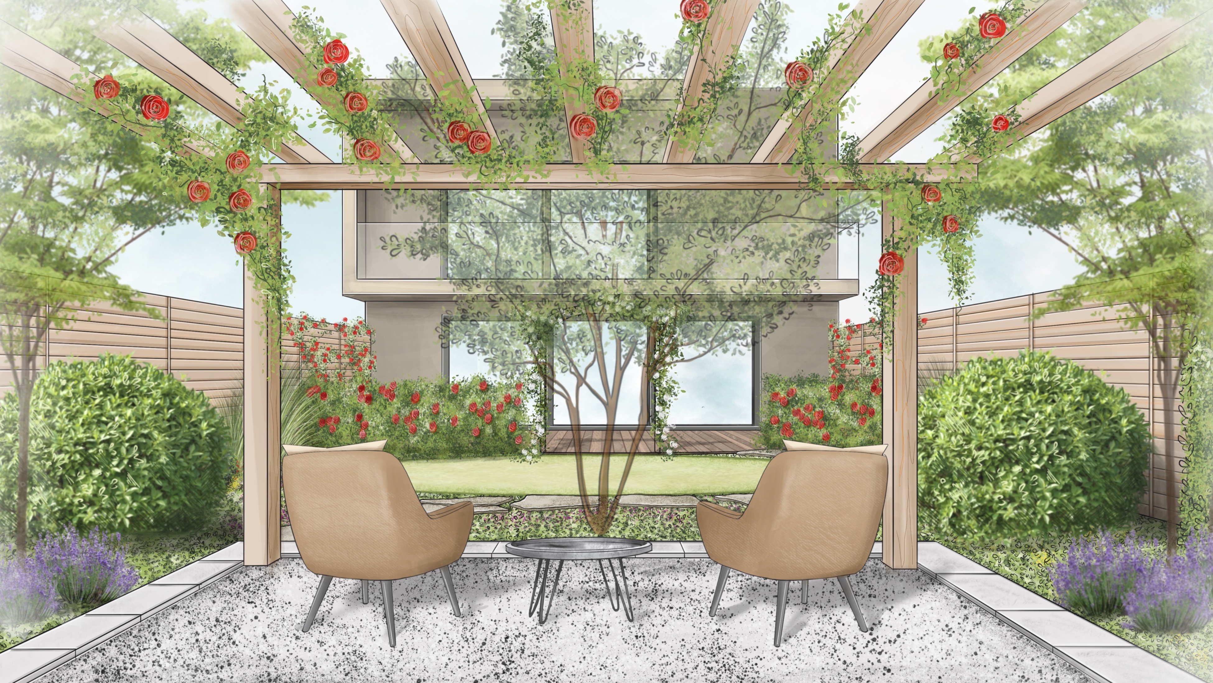 Skizze vom romantischen Garten mit einem Sitzplatz mit Sicht auf das Haus