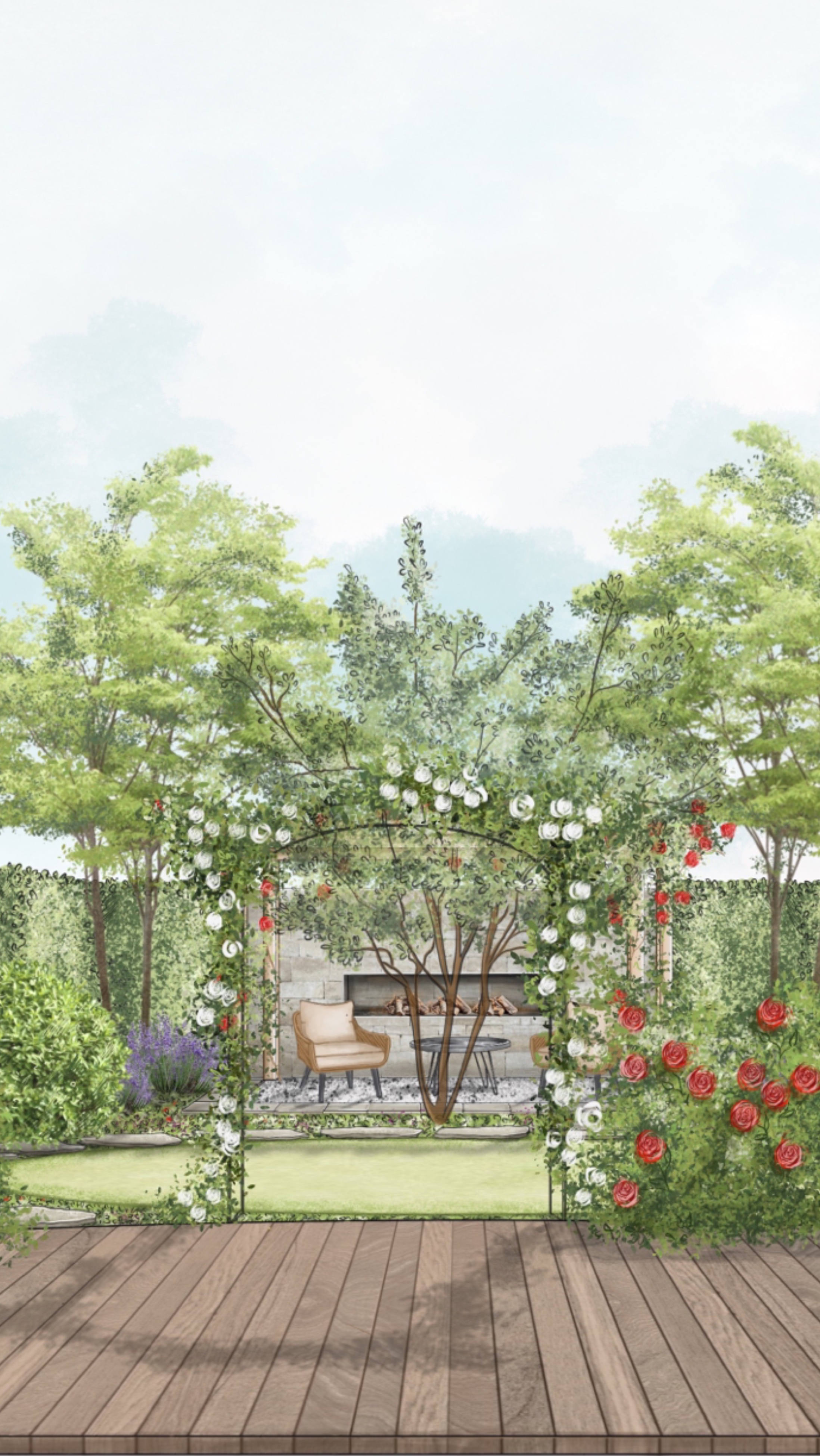 Skizze vom romantischen Garten mit einem berankten Rosenbogen