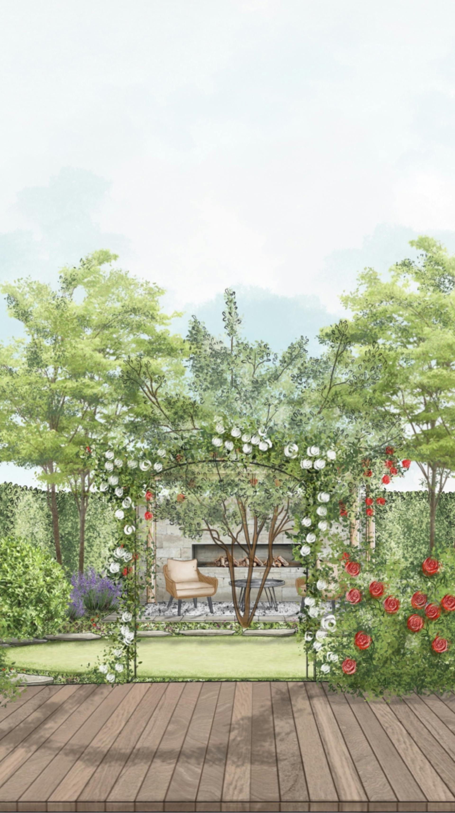 Skizze vom romantischen Garten mit einem berankten Rosenbogen