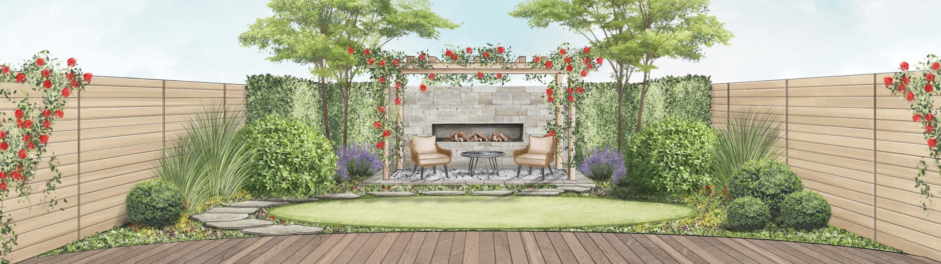 Skizze vom romantischen Garten mit einer Sitzecke und Steinmauer mit integriertem Kamin