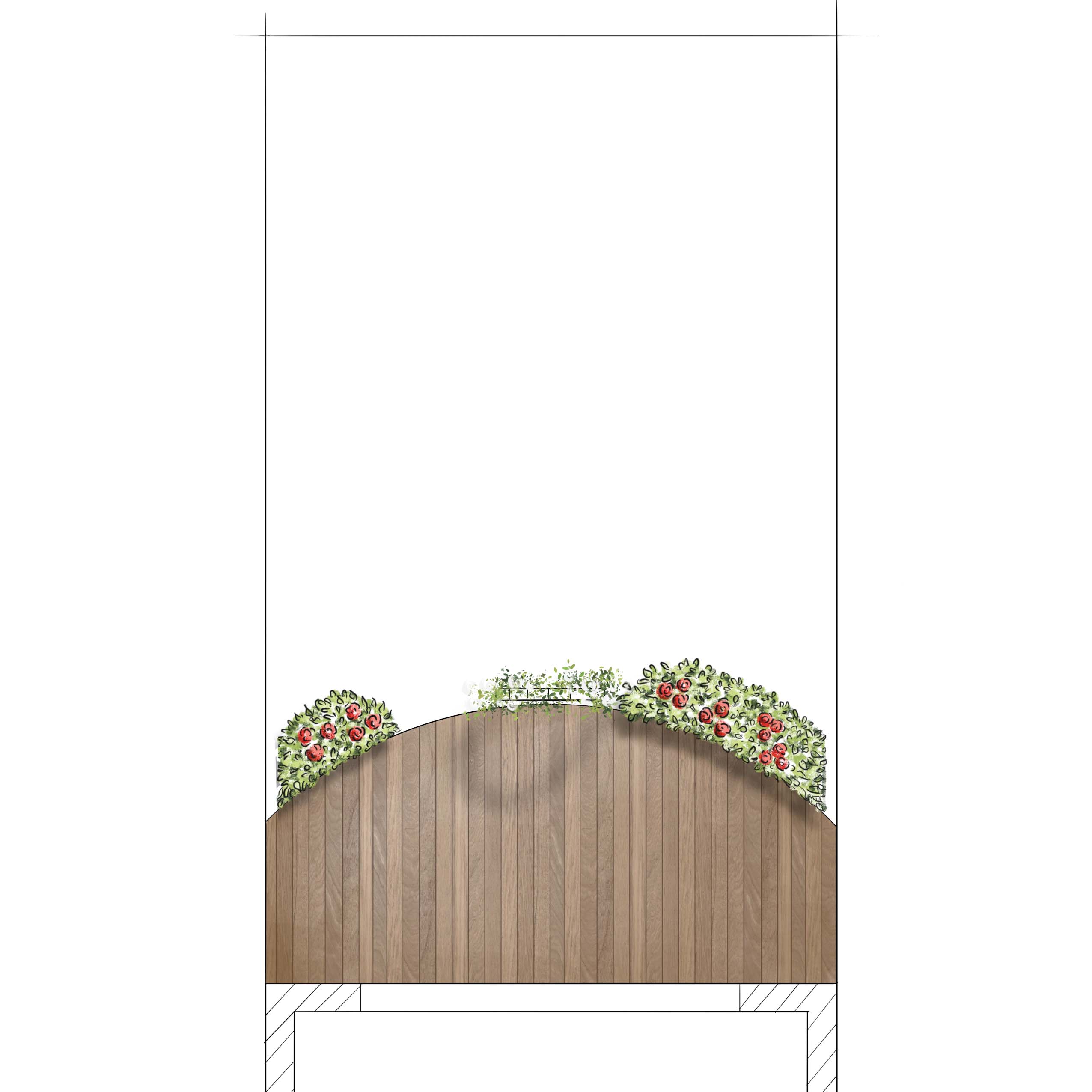 Skizze einer Gartenplanung mit Terrasse und Rosenhecke