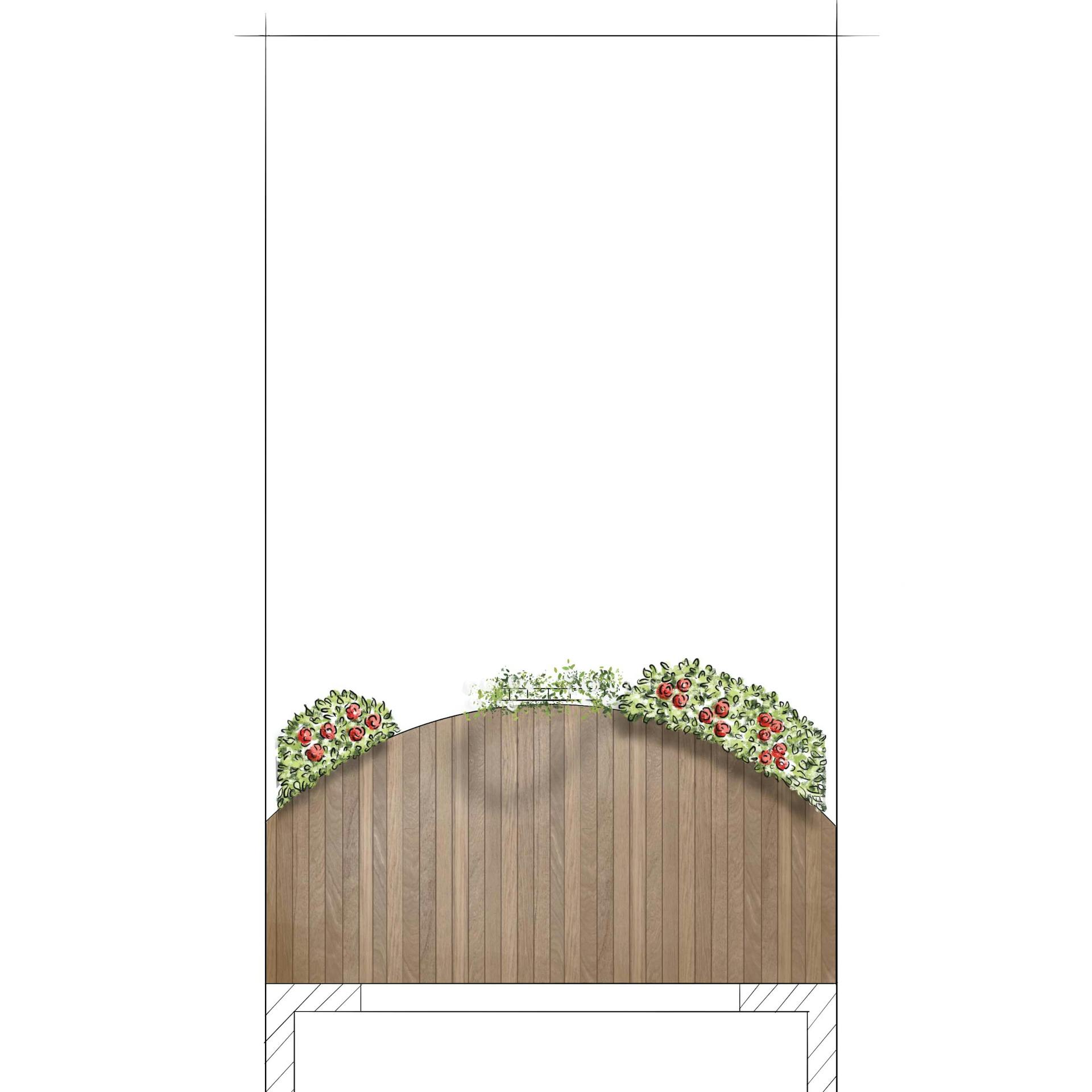 Skizze einer Gartenplanung mit Terrasse und Rosenhecke