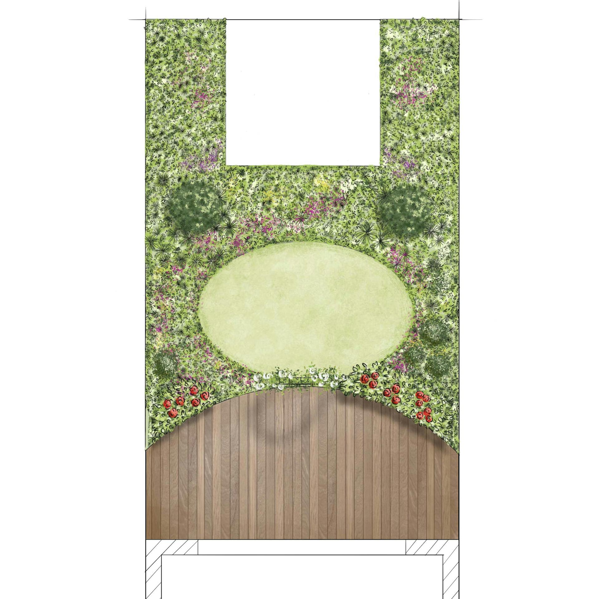 Skizze einer Gartenplanung mit Terrasse, Rosenhecke und Beeten