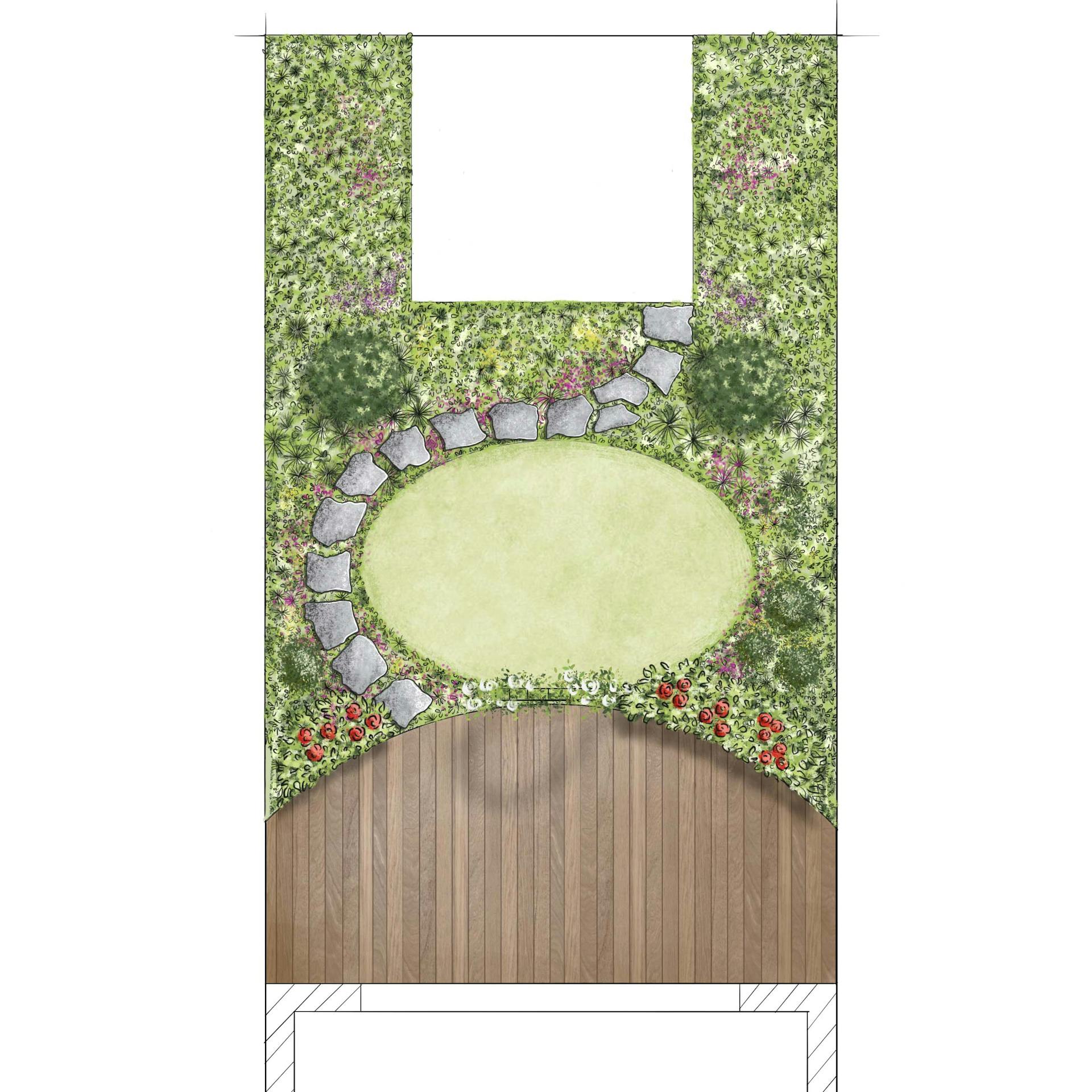 Skizze einer Gartenplanung mit Terrasse, Beeten und Gartenweg