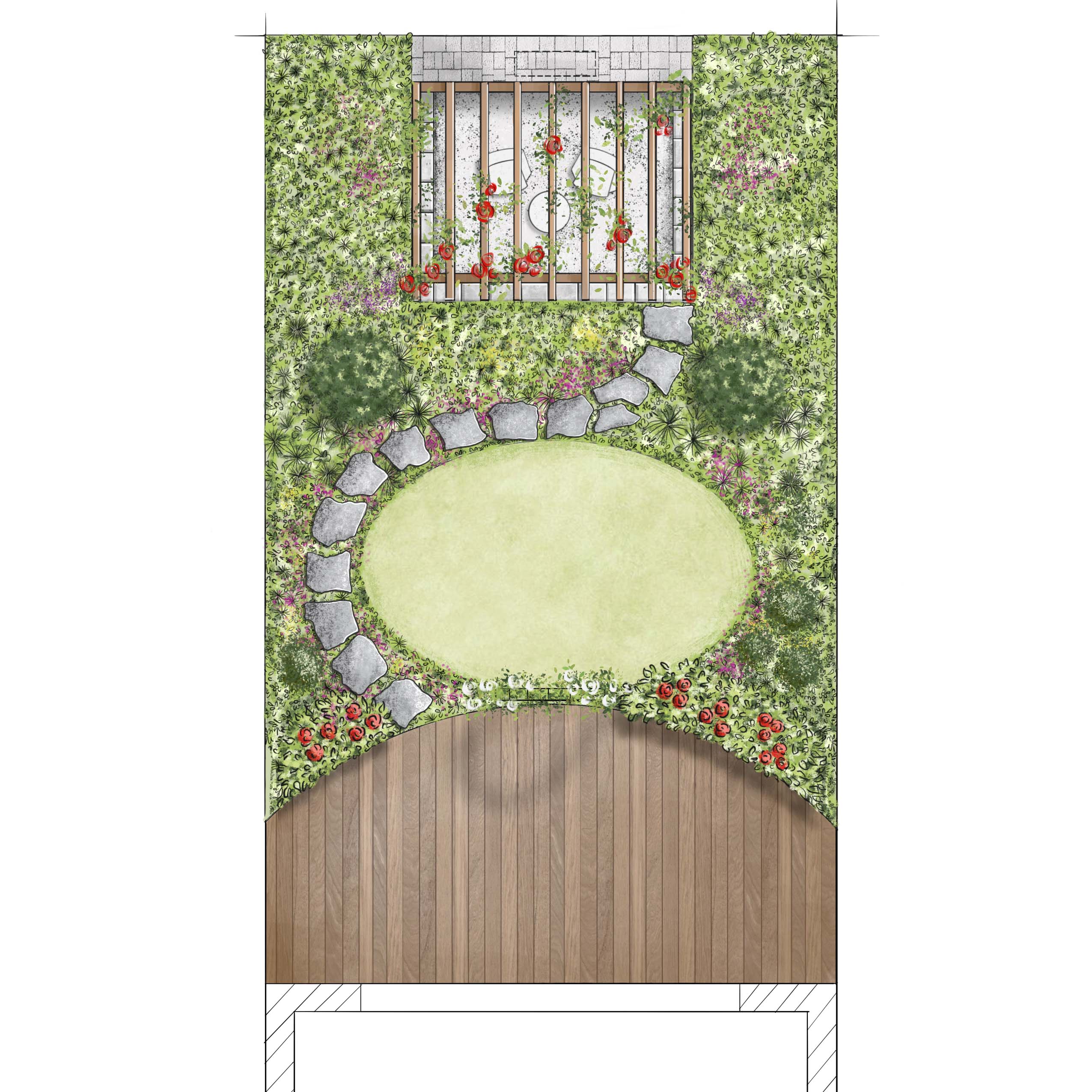 Skizze einer Gartenplanung mit Terrassen, Beeten, Mauer und Kamin