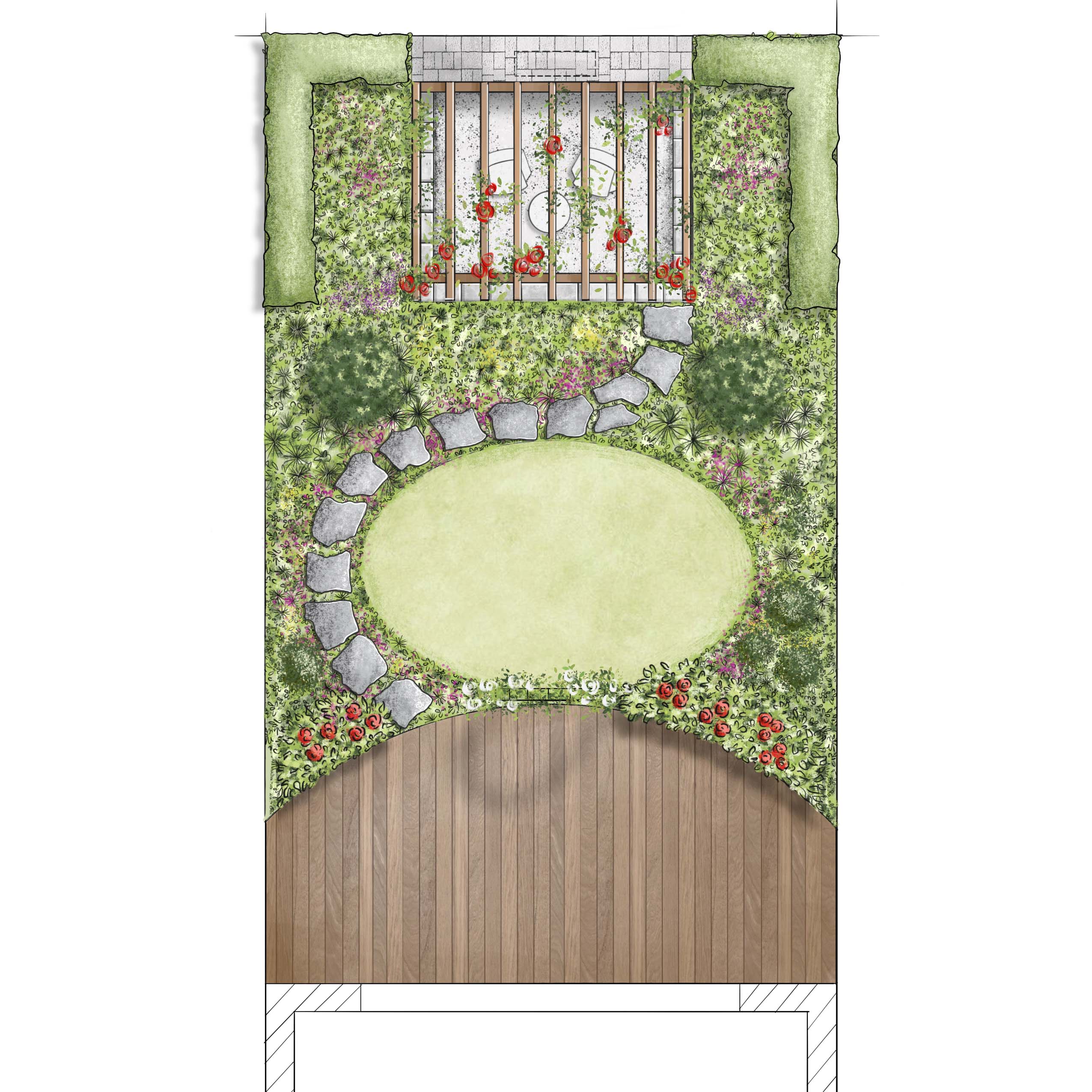Skizze einer Gartenplanung mit Beeten, einer Pergola, Rasen und einer Hecke