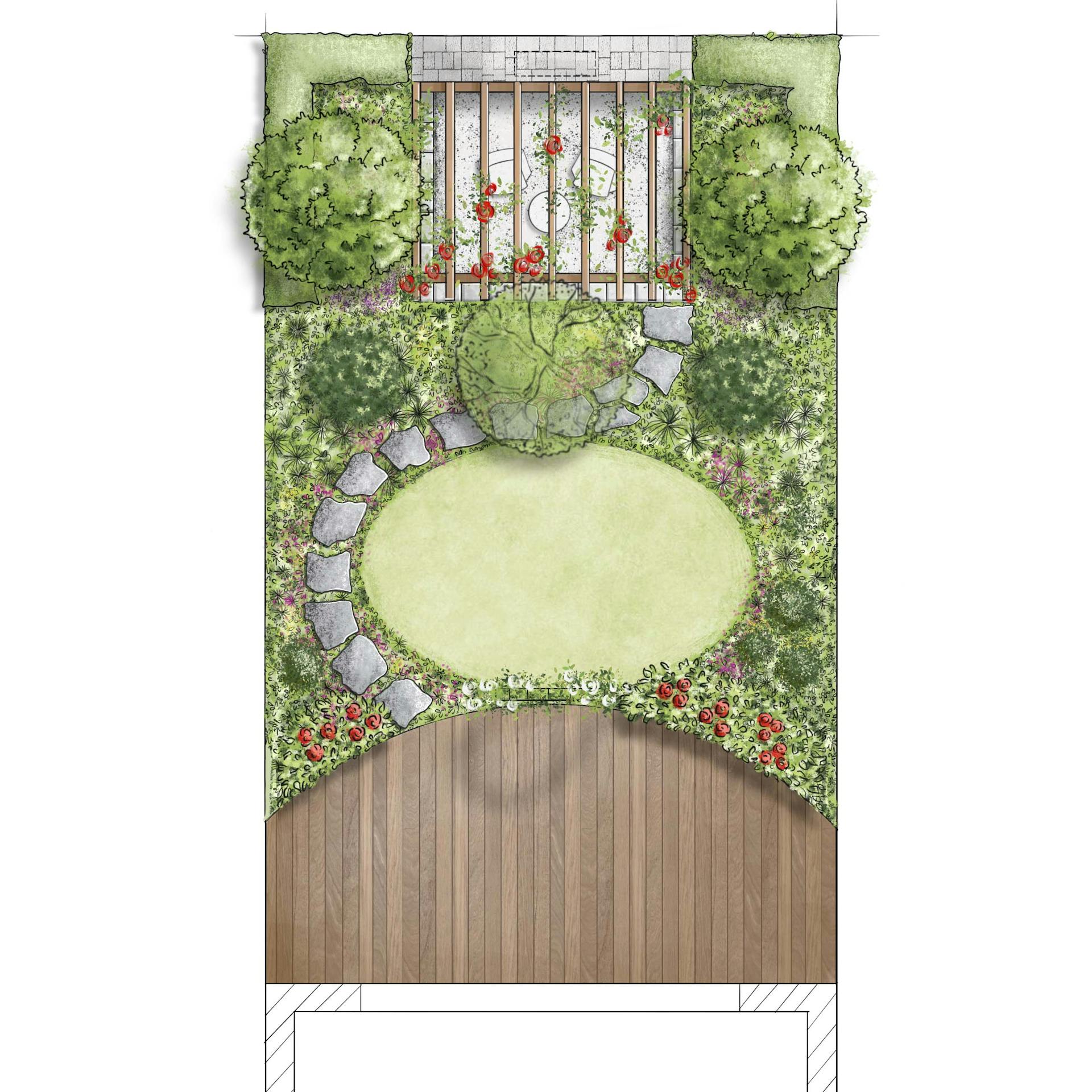 Skizze einer romantischen Gartenplanung mit Rosen, einer Holzterrasse und Gehölzen