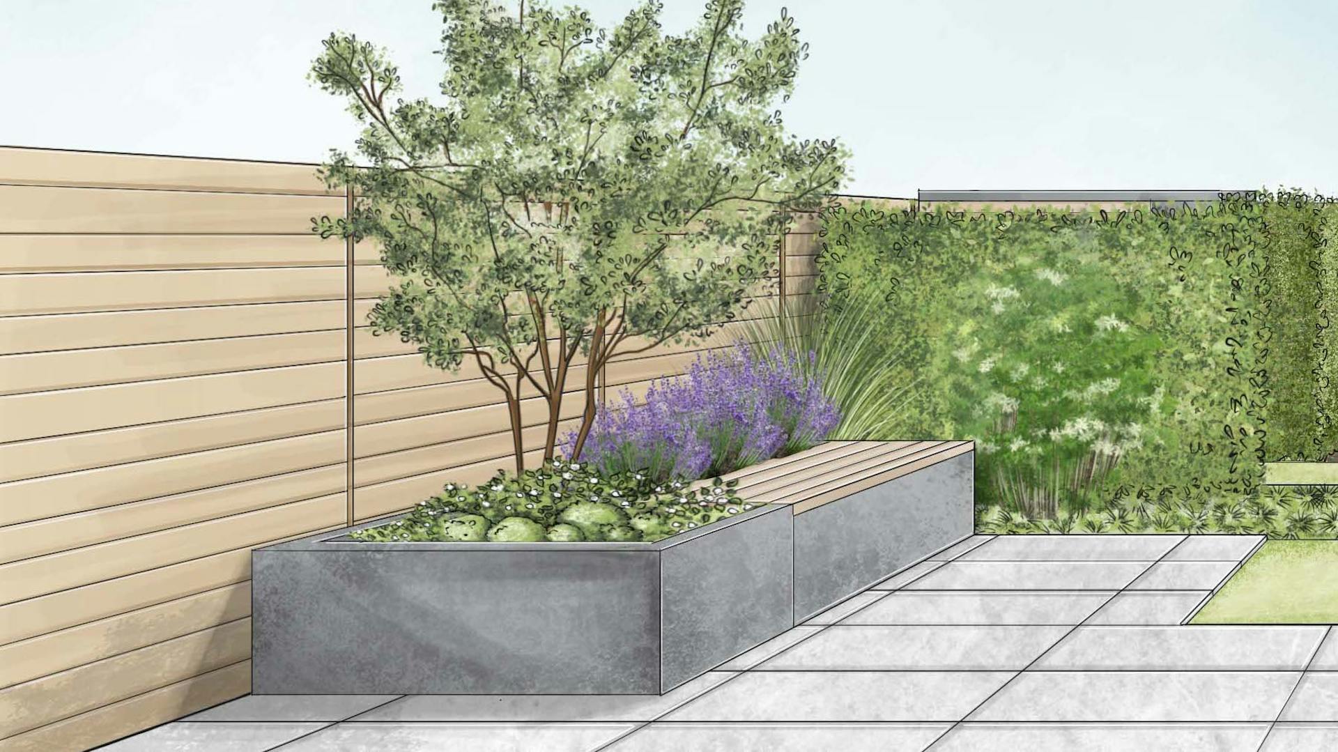 Klasszikus kert vázlata ülőfelülettel ellátott magaságyással