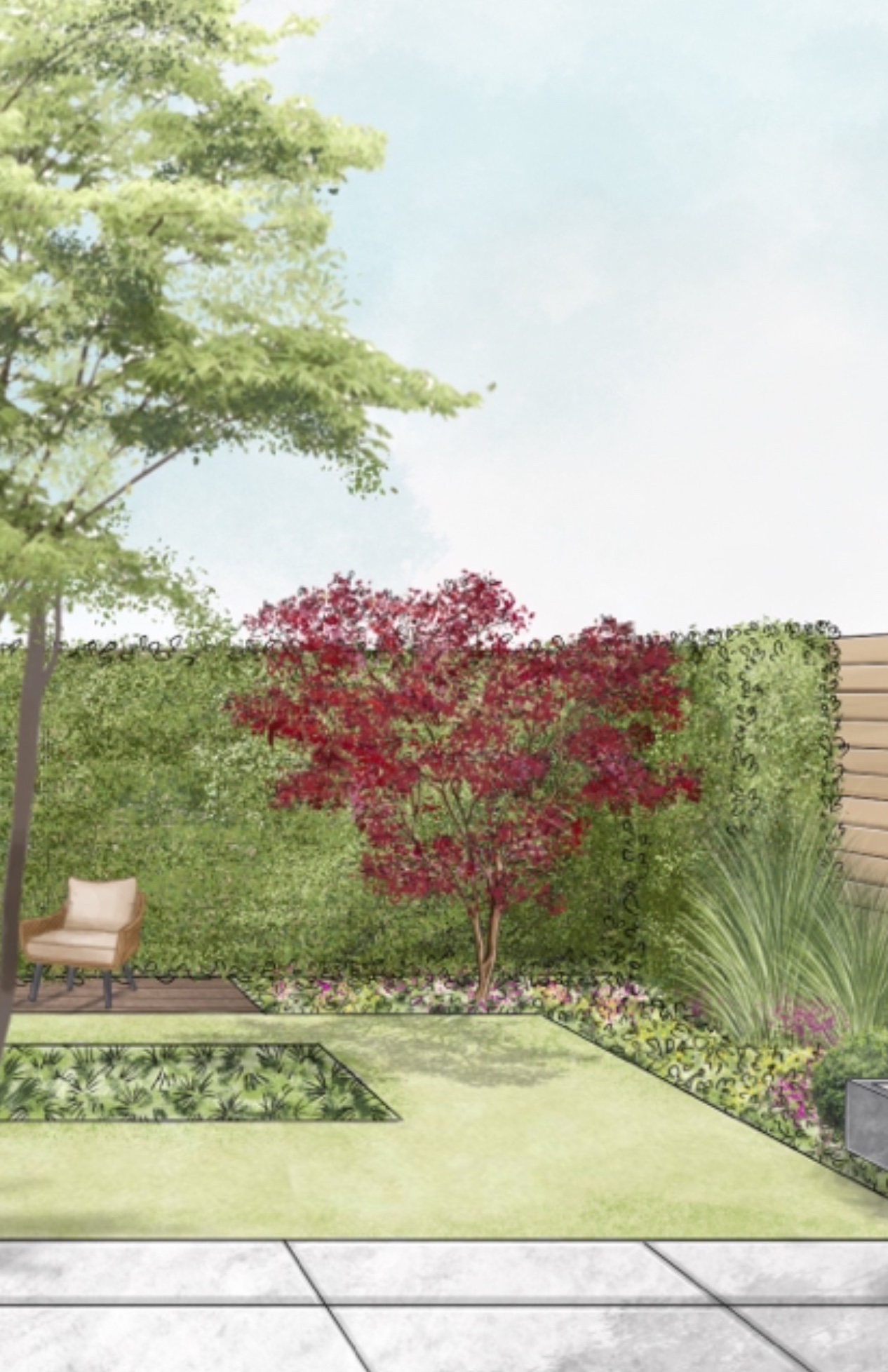 Klasszikus kert vázlata vörös lombú fás növénnyel