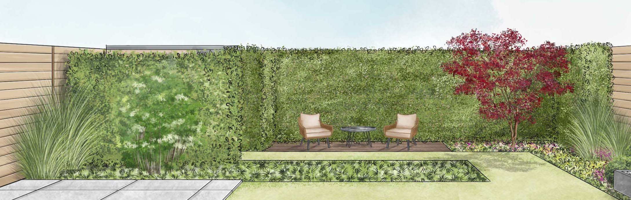 Klasszikus kert vázlata ülősarokkal a kert hátsó részében