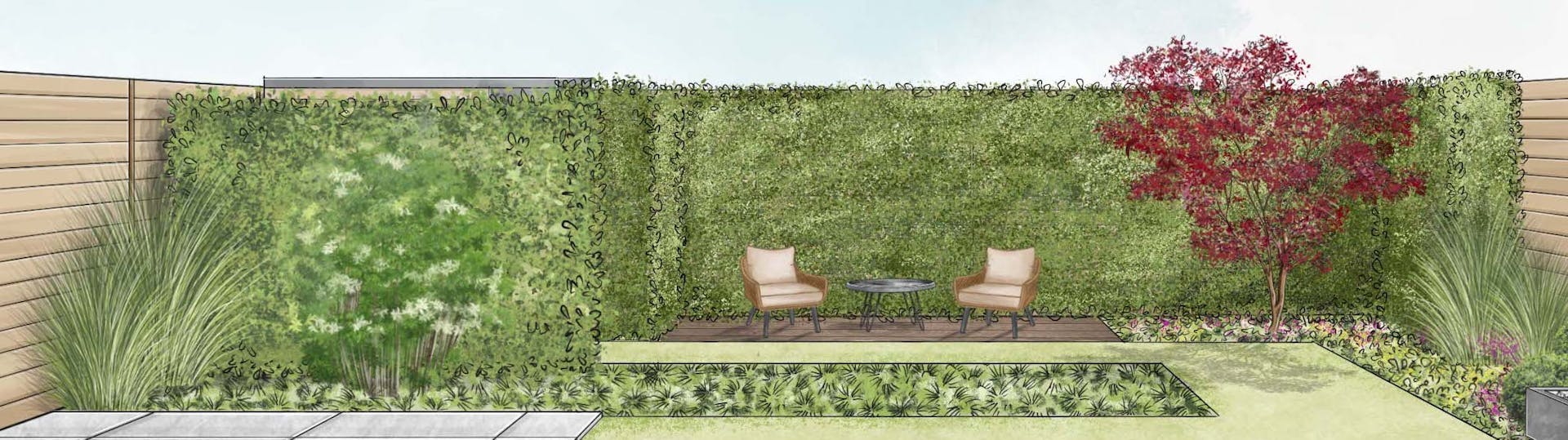 Klasszikus kert vázlata ülősarokkal a kert hátsó részében