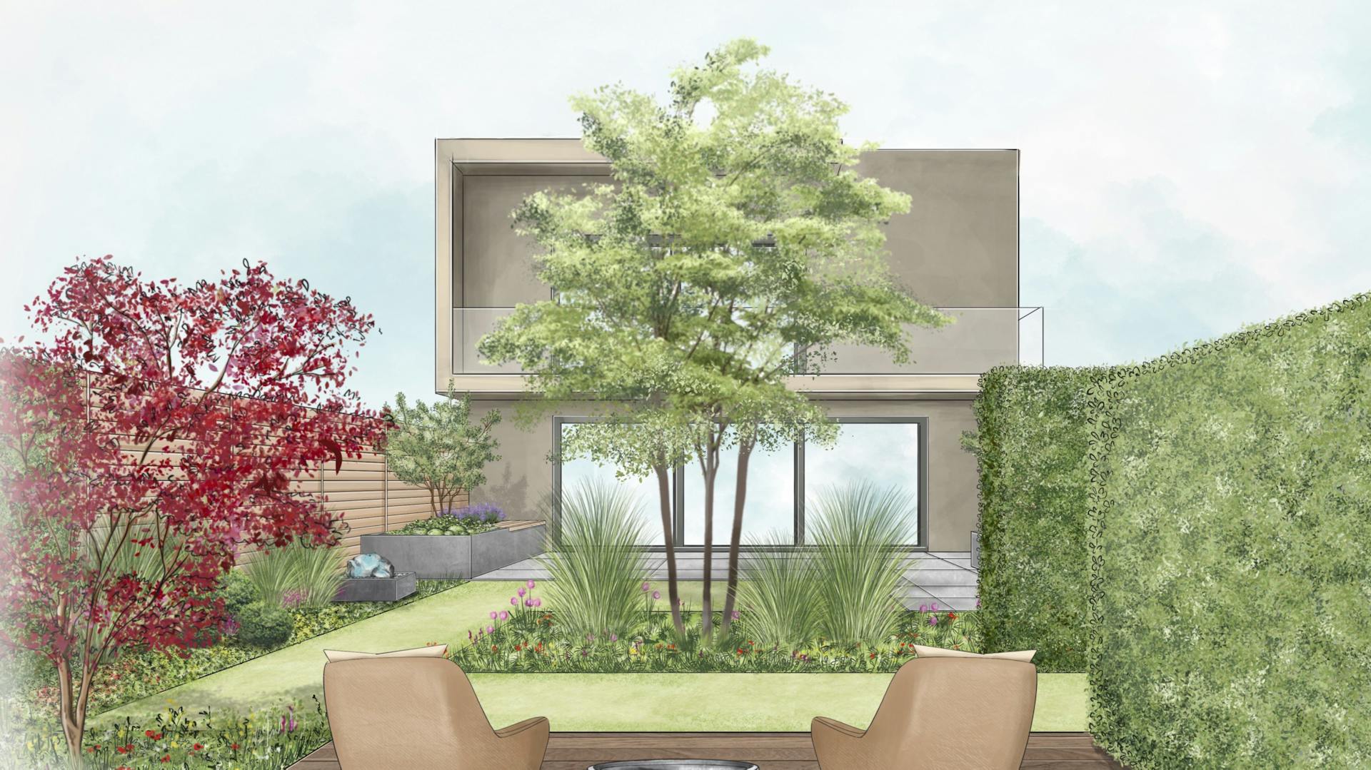 Klasszikus stílusú kert vázlata, terasszal, középen fával és sövénnyel