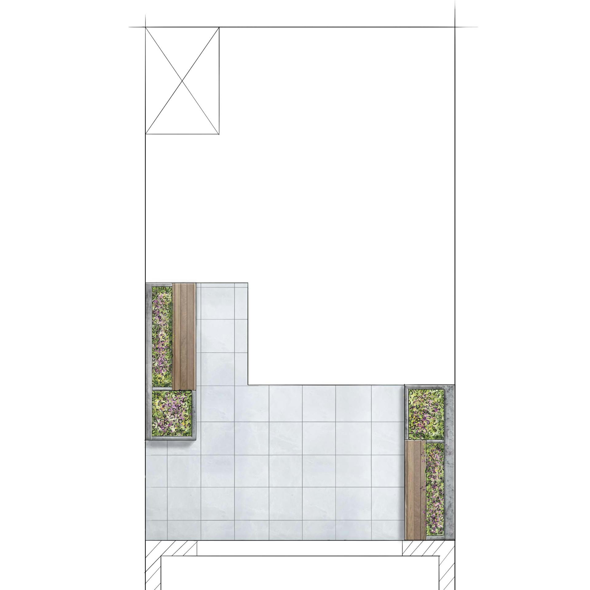 Klasszikus stílusú kert vázlata felülnézetből, terasszal és magaságyással