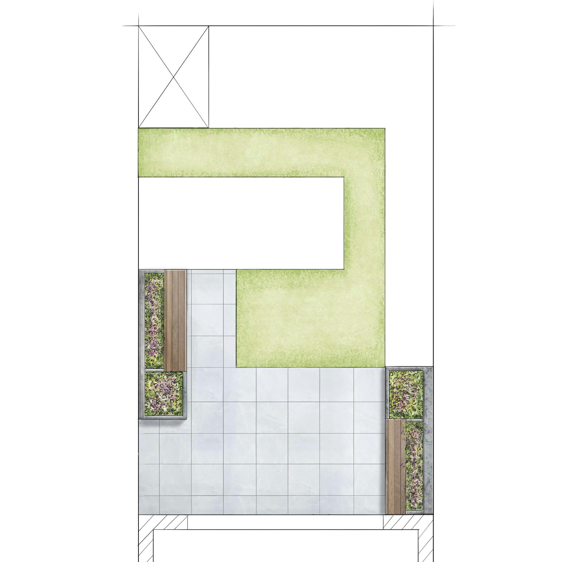 Klasszikus stílusú kert vázlata felülnézetből, kőterasszal és gyepfelülettel