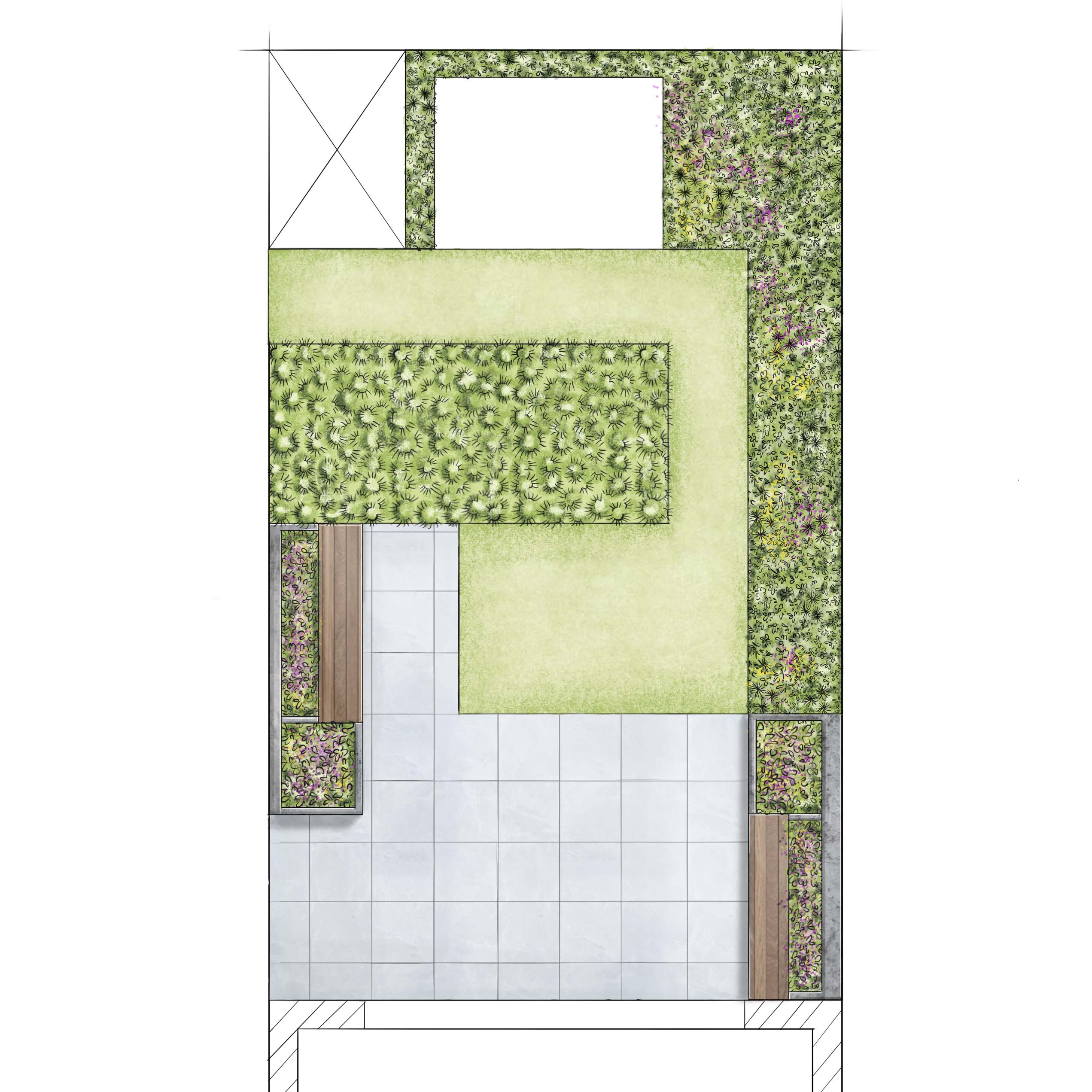 Klasszikus stílusú kert vázlata felülnézetből, terasszal, gyeppel és ágyásokkal