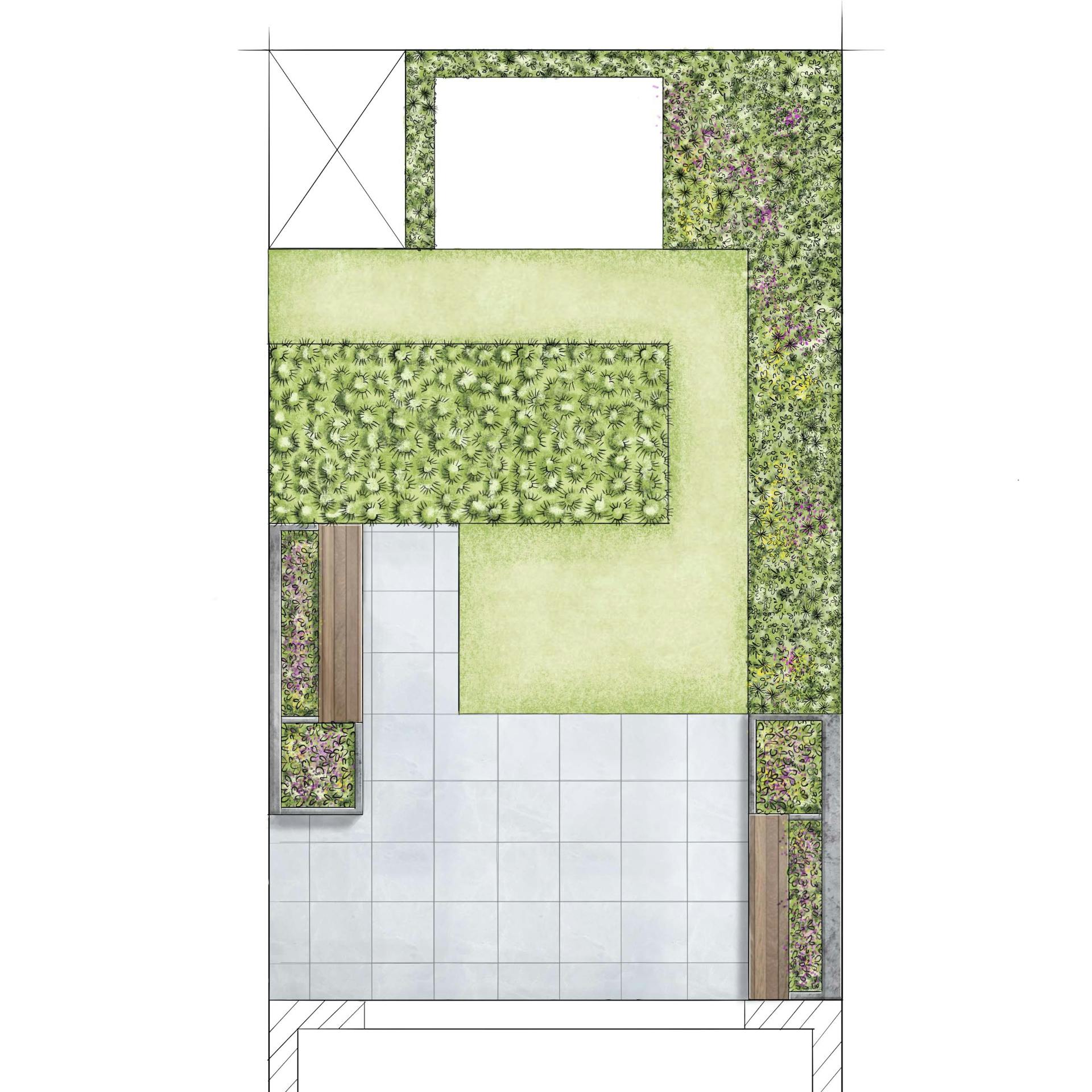 Klasszikus stílusú kert vázlata felülnézetből, terasszal, gyeppel és ágyásokkal