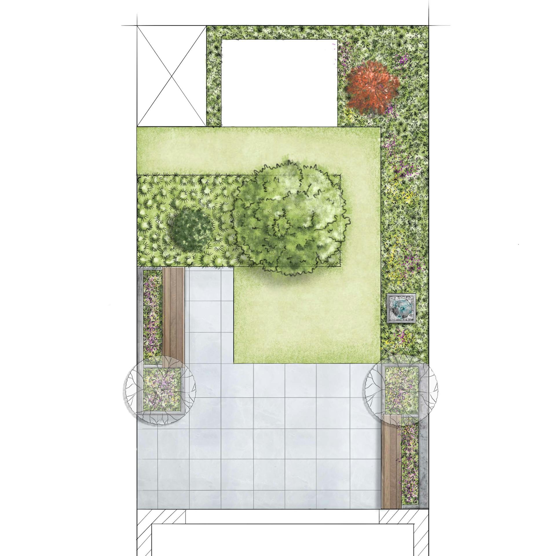 Klasszikus stílusú kert vázlata felülnézetből, terasszal, ágyásokkal és fával