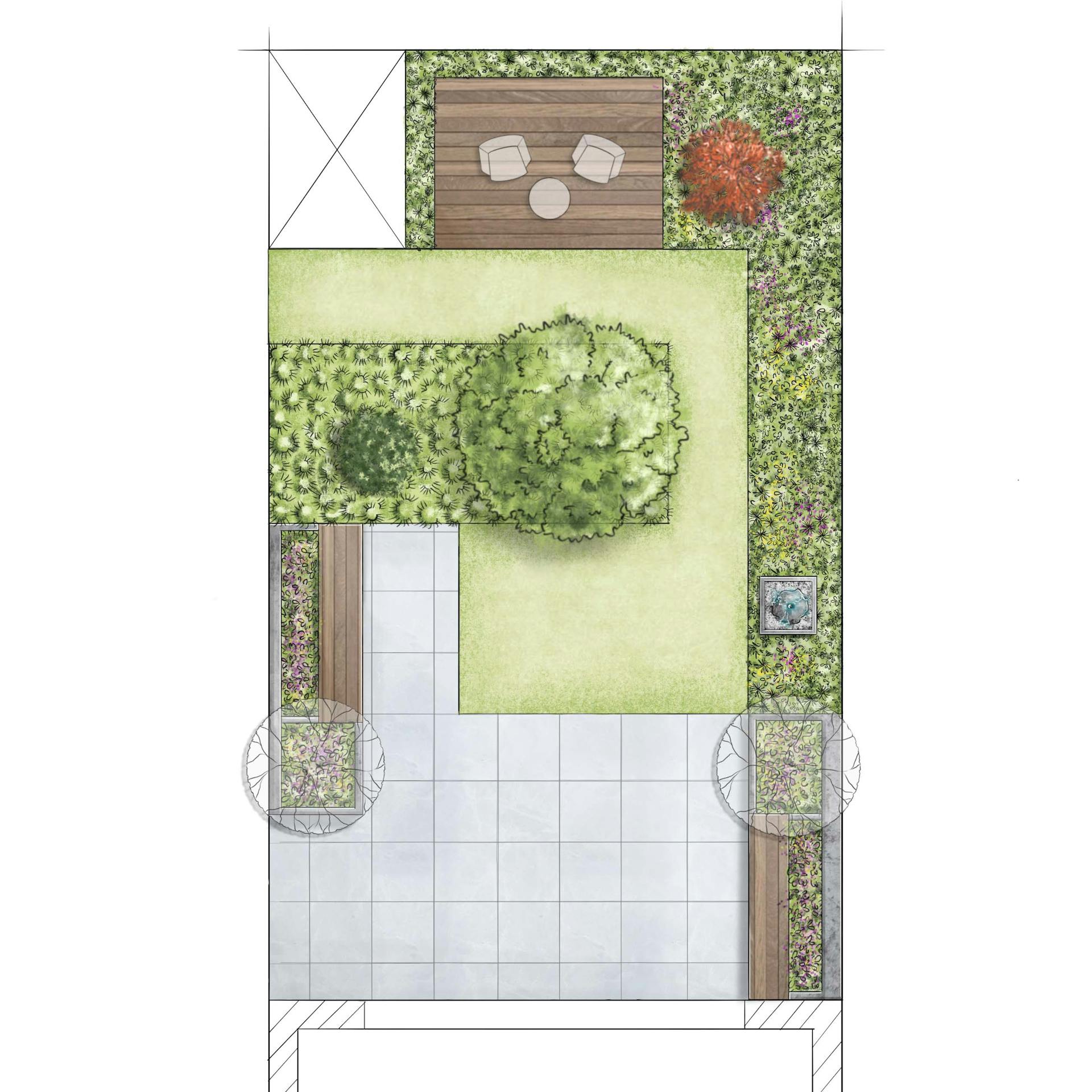 Klasszikus stílusú kert vázlata felülnézetből, színes növényekkel, vizes elemmel és teraszokkal