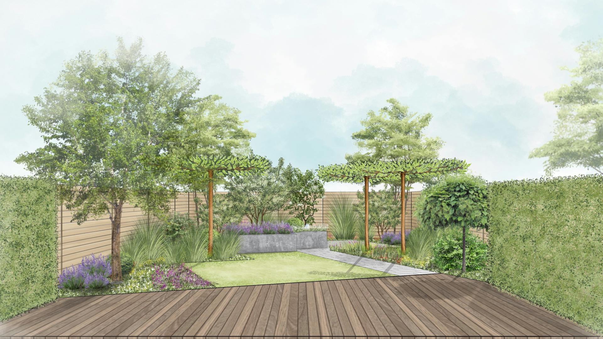 Skizze von einer Gartenplanung im klassischen Stil mit einer Terrasse, Bäumen und Beeten.