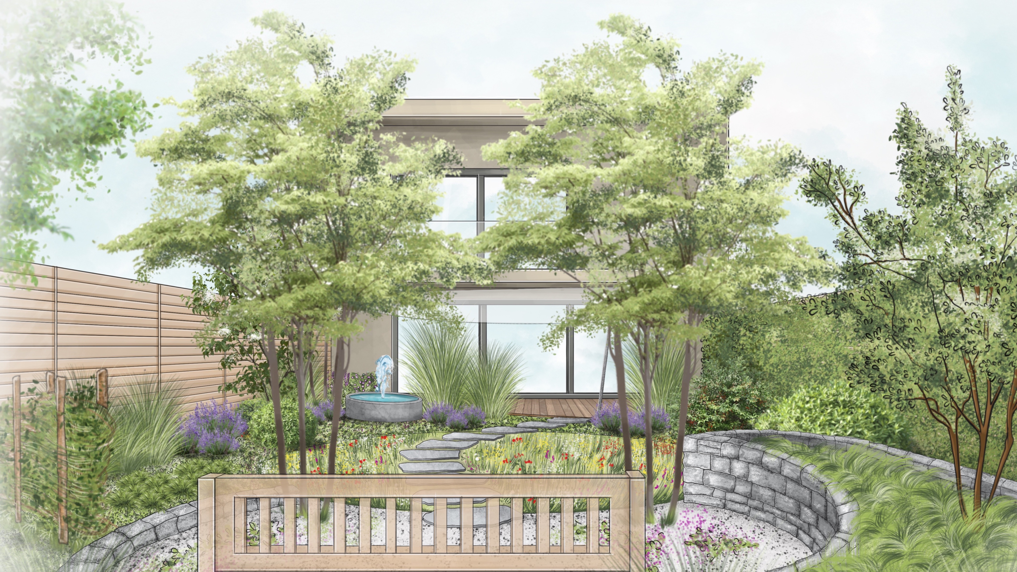 Skizze von einem natürlichen Garten mit bunten Pflanzen und Bäumen